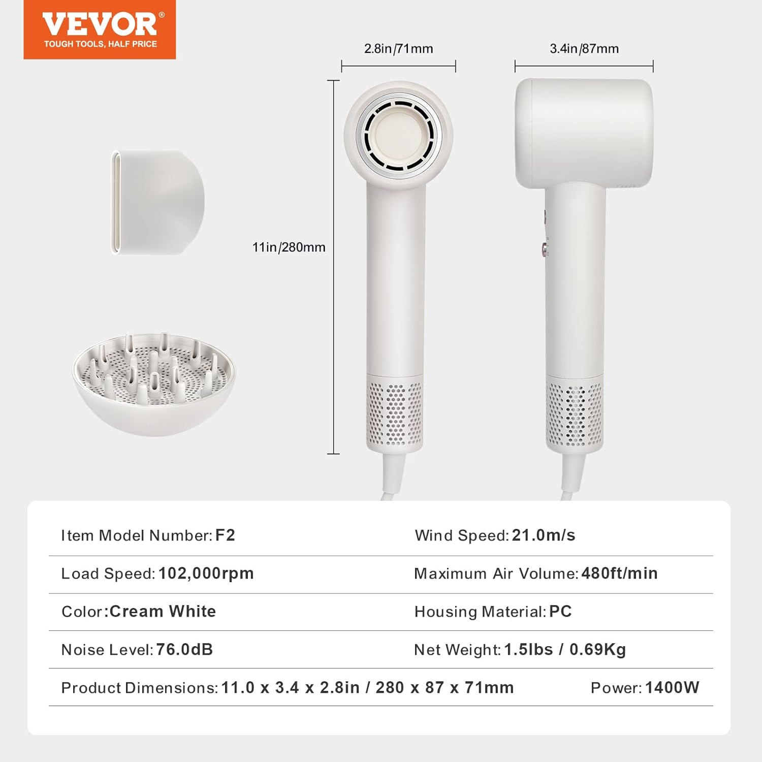 VEVOR High-Speed Hair Dryer with 102,000RPM Brushless Motor, 200 Million Negative Ions Hair Blow Dryer, 3-Color Temp LED Lights & 2 Speeds, Lightweight Hairdryer with Diffuser & Nozzle for Home Travel - Image 7