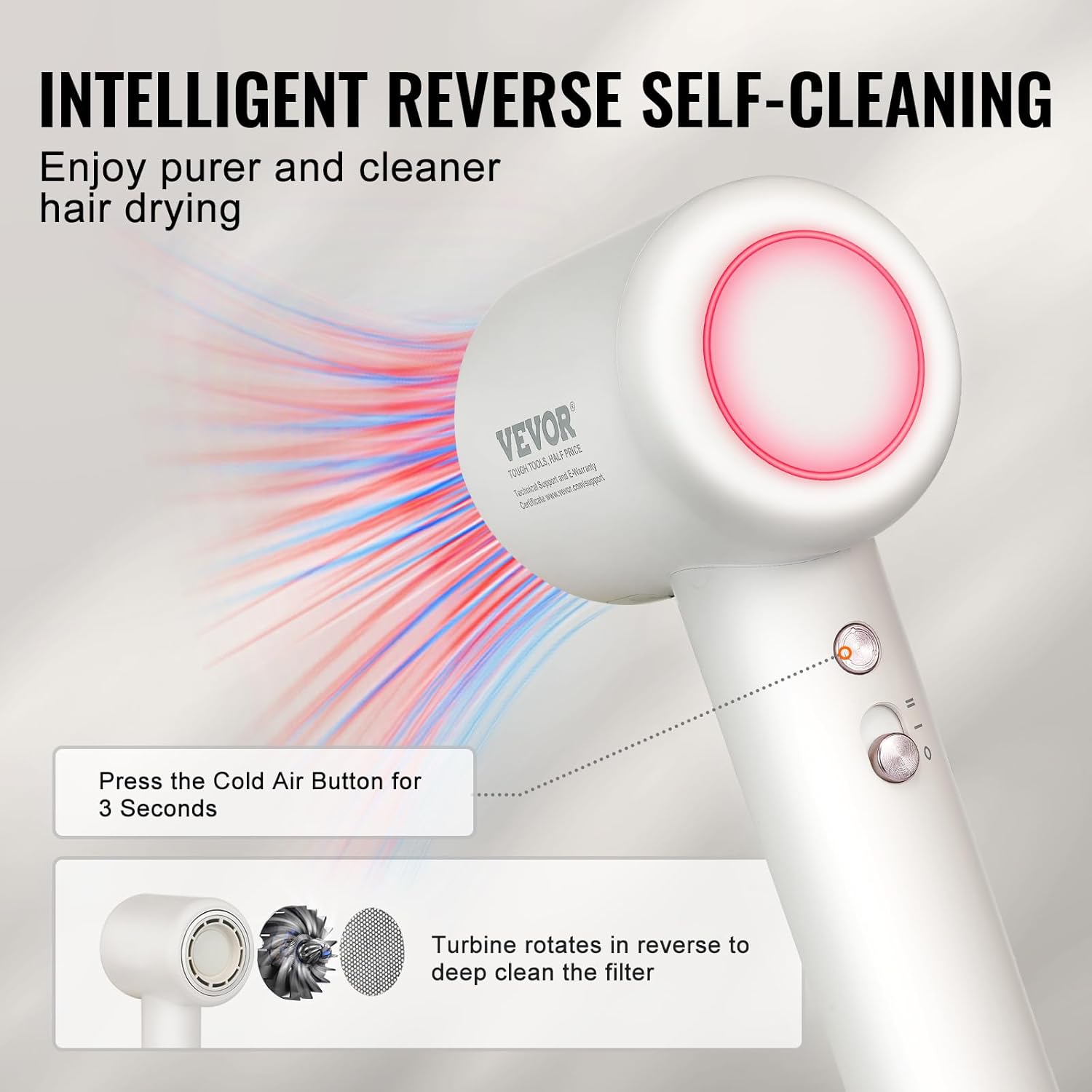 VEVOR High-Speed Hair Dryer with 102,000RPM Brushless Motor, 200 Million Negative Ions Hair Blow Dryer, 3-Color Temp LED Lights & 2 Speeds, Lightweight Hairdryer with Diffuser & Nozzle for Home Travel - Image 5