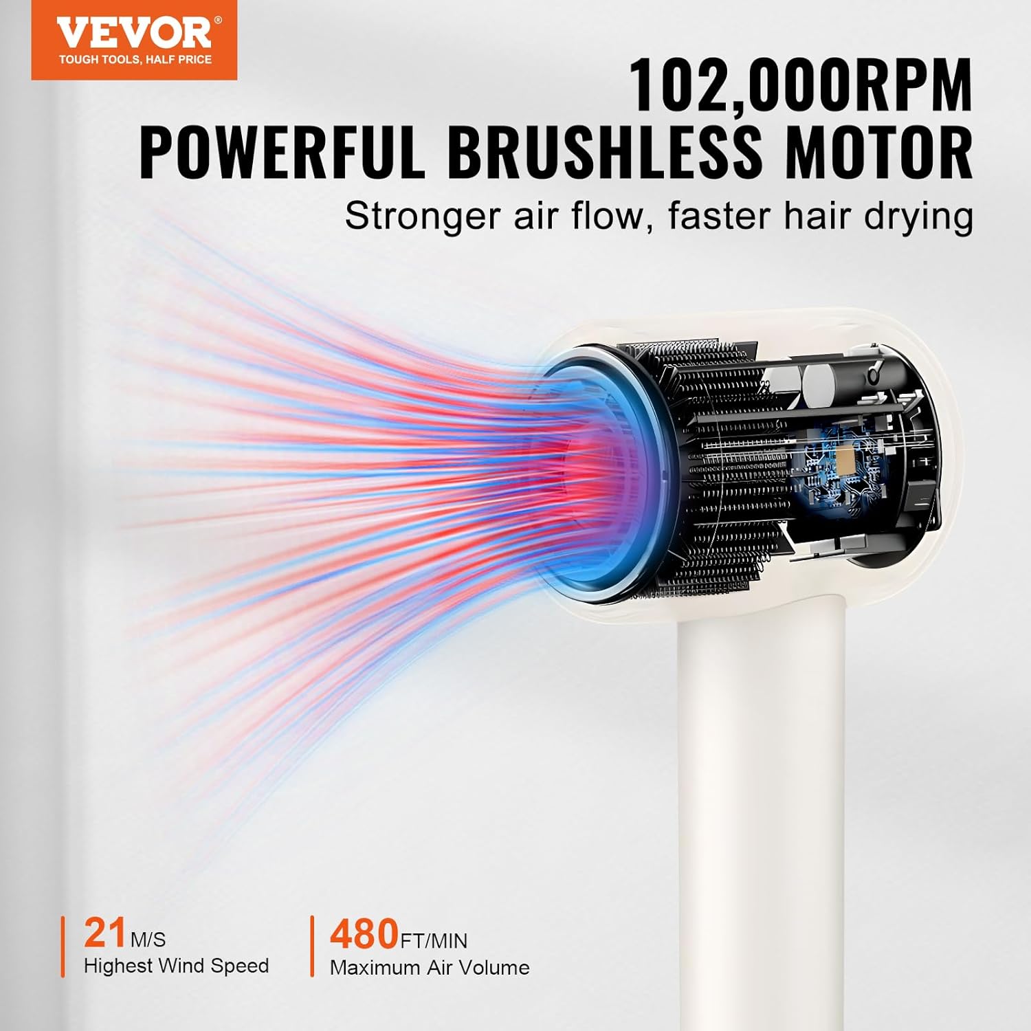 VEVOR High-Speed Hair Dryer with 102,000RPM Brushless Motor, 200 Million Negative Ions Hair Blow Dryer, 3-Color Temp LED Lights & 2 Speeds, Lightweight Hairdryer with Diffuser & Nozzle for Home Travel - Image 2