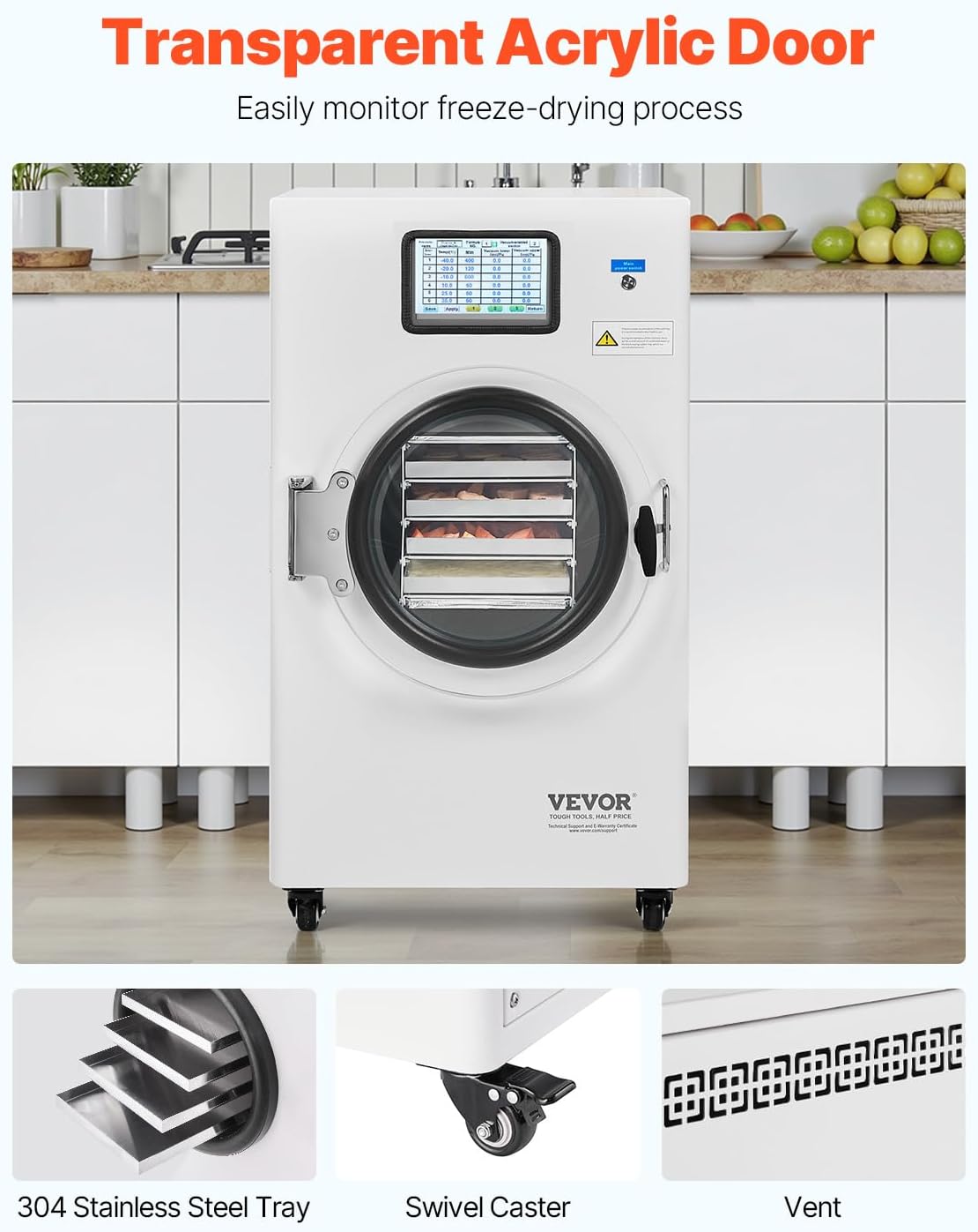 VEVOR Vacuum Freeze Dryer Machine, 8.8-13.2 LBS/Batch Food Freeze Drying Machine with 4-Layer Trays, Vacuum Pump, Adjustable Timer and Temperature Control, for Fruits Vegetables Meat, White - Image 6
