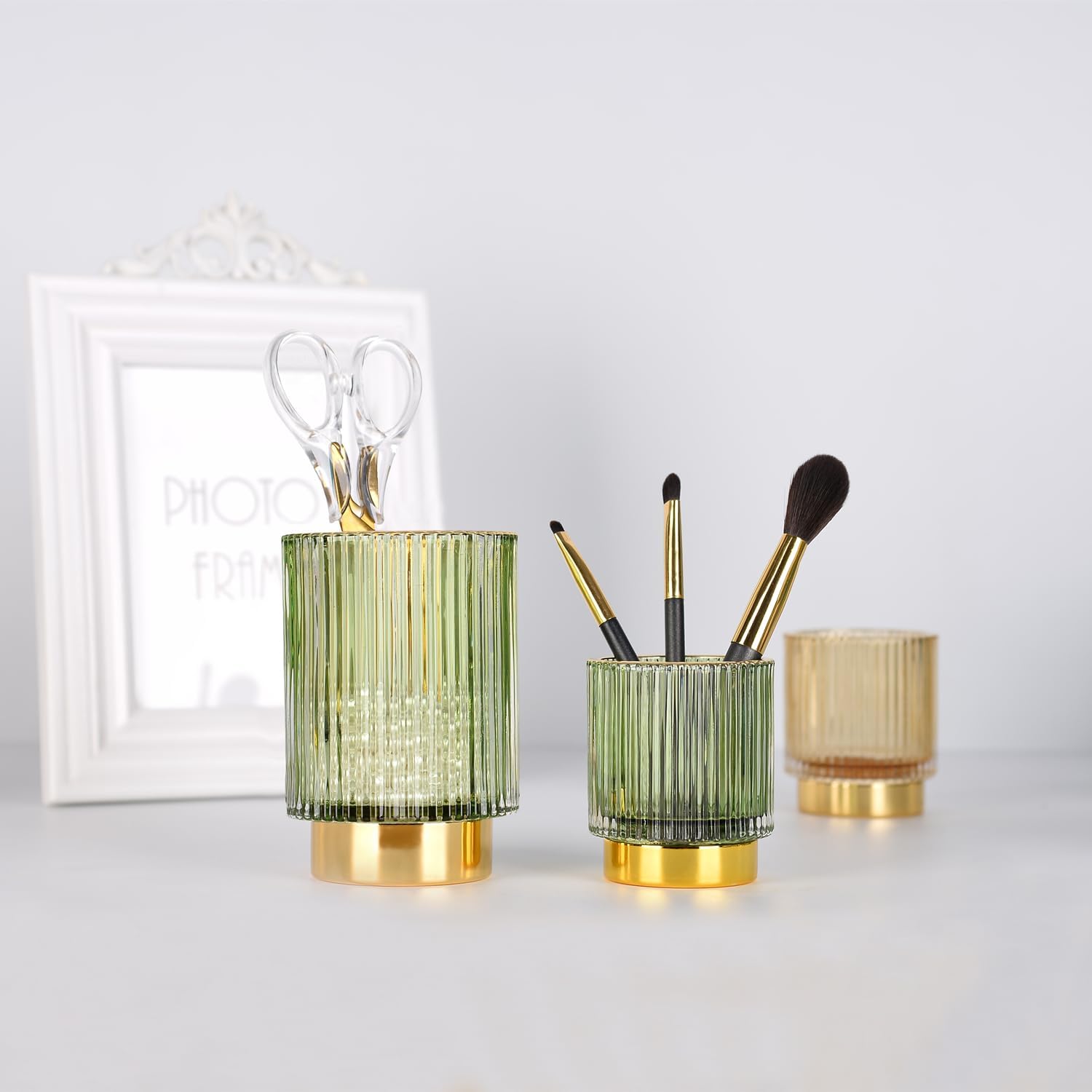 Vintage Makeup Brush Holder Organizer,Dresser Glass Brushes Holder,Vanity Cosmetic Brush Holder,Desktop Crystal Eyeliners Eyebrow Pencil Storage Cup Holder for Countertop (Large Green) - Image 2
