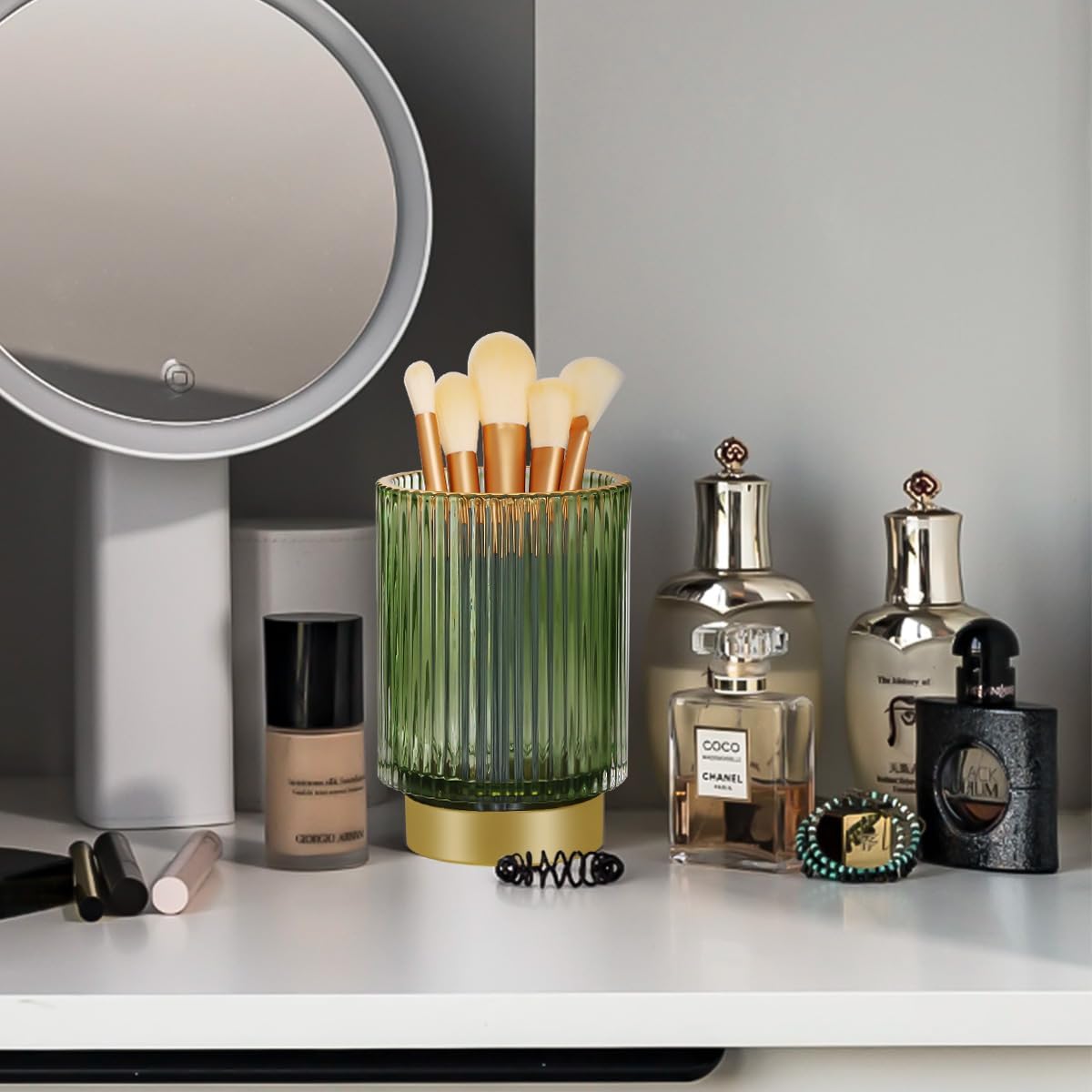 Vintage Makeup Brush Holder Organizer,Dresser Glass Brushes Holder,Vanity Cosmetic Brush Holder,Desktop Crystal Eyeliners Eyebrow Pencil Storage Cup Holder for Countertop (Large Green) - Image 8