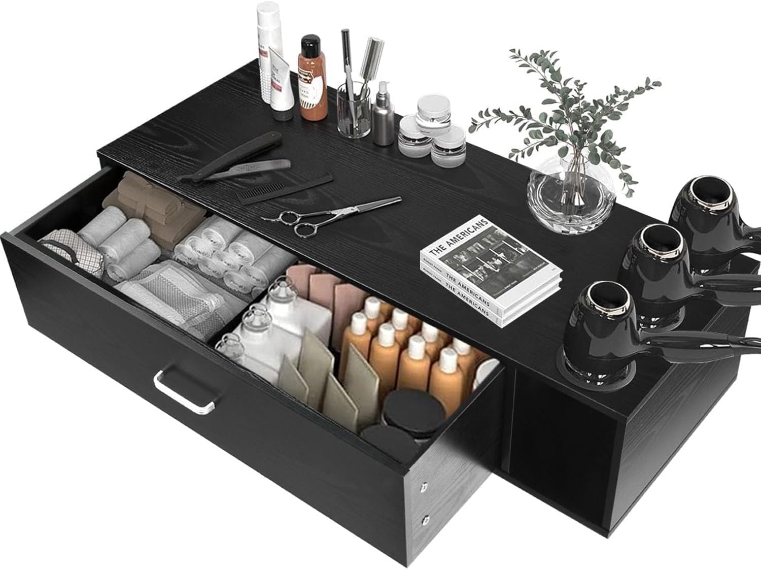 Wall Mount Salon Station, Beauty Salon Stations Equipment with Drawer, Hair Salon Station Cabinet with Side Open Space, Stylist Salon Stations Storage Cabinets with 3 Hair Dryer Holes, Black - Image 2