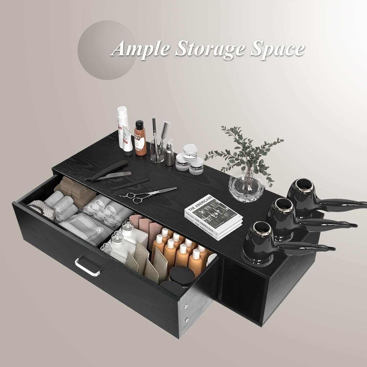 Wall Mount Salon Station, Beauty Salon Stations Equipment with Drawer, Hair Salon Station Cabinet with Side Open Space, Stylist Salon Stations Storage Cabinets with 3 Hair Dryer Holes, Black - Image 7