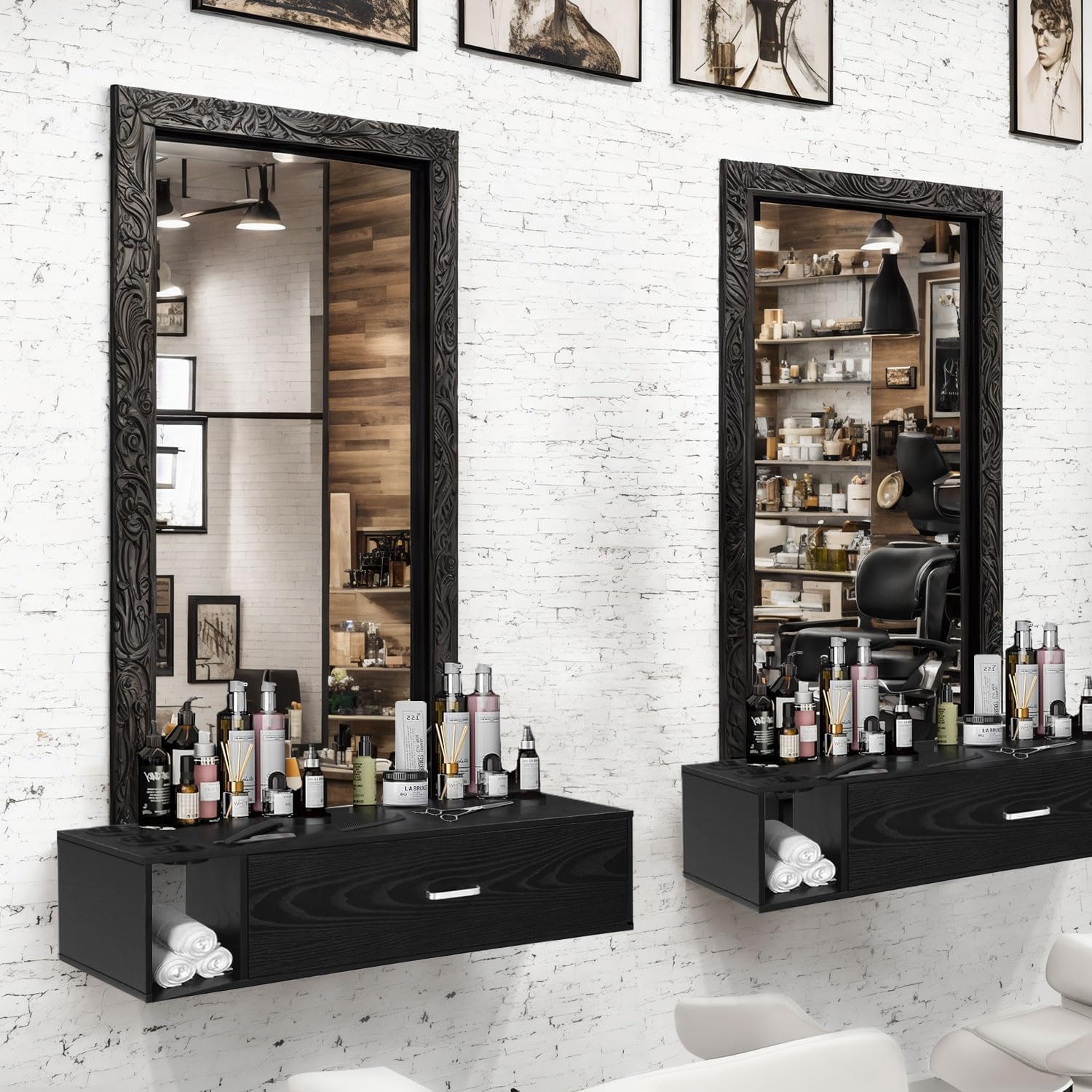 Wall Mount Salon Station, Beauty Salon Stations Equipment with Drawer, Hair Salon Station Cabinet with Side Open Space, Stylist Salon Stations Storage Cabinets with 3 Hair Dryer Holes, Black - Image 3