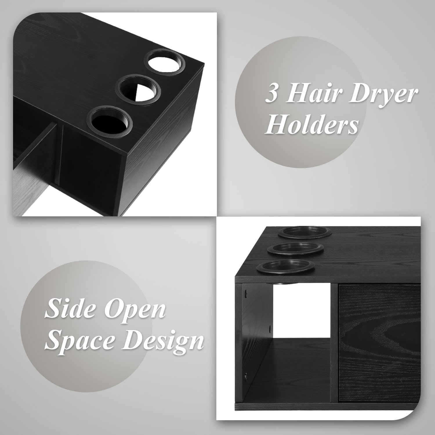 Wall Mount Salon Station, Beauty Salon Stations Equipment with Drawer, Hair Salon Station Cabinet with Side Open Space, Stylist Salon Stations Storage Cabinets with 3 Hair Dryer Holes, Black - Image 4