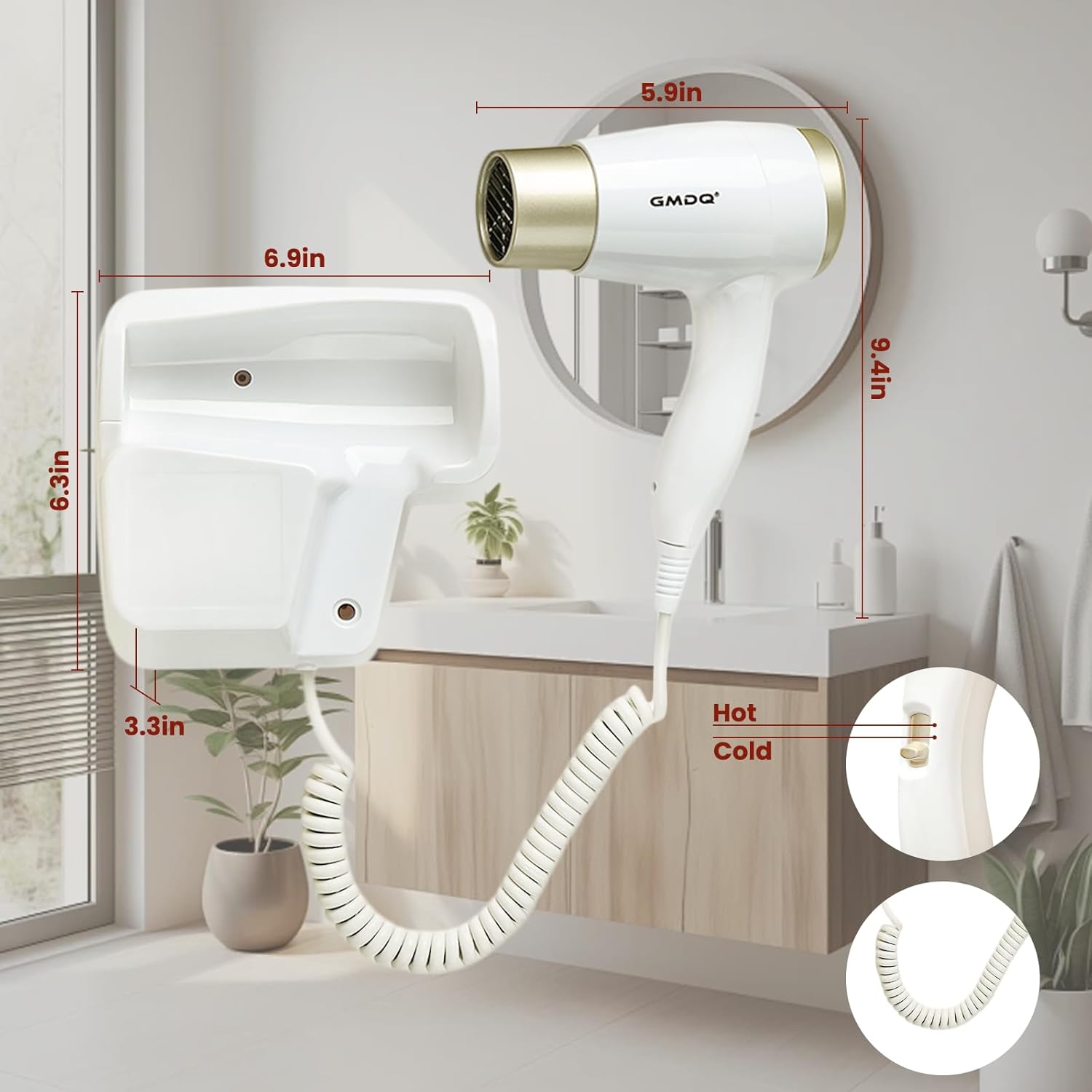 Wall Mounted Hair Dryer for Bathroom - 110V Professional Blow Dryer with Fast Drying Salon Motor, Heavy Duty Wall Mount Hairdryer with Stand Rack, Includes Screws+Adhesive - Image 2