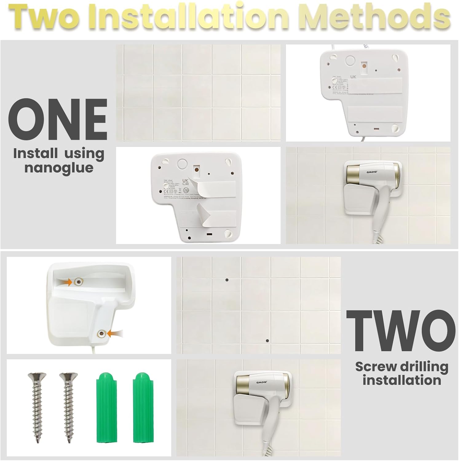 Wall Mounted Hair Dryer with USB Charging Port for Bathroom - 110V Professional Blow Dryer, Fast Drying Salon Motor & Dual Voltage Support, Includes Stand Rack, Screws+Adhesive - Image 6