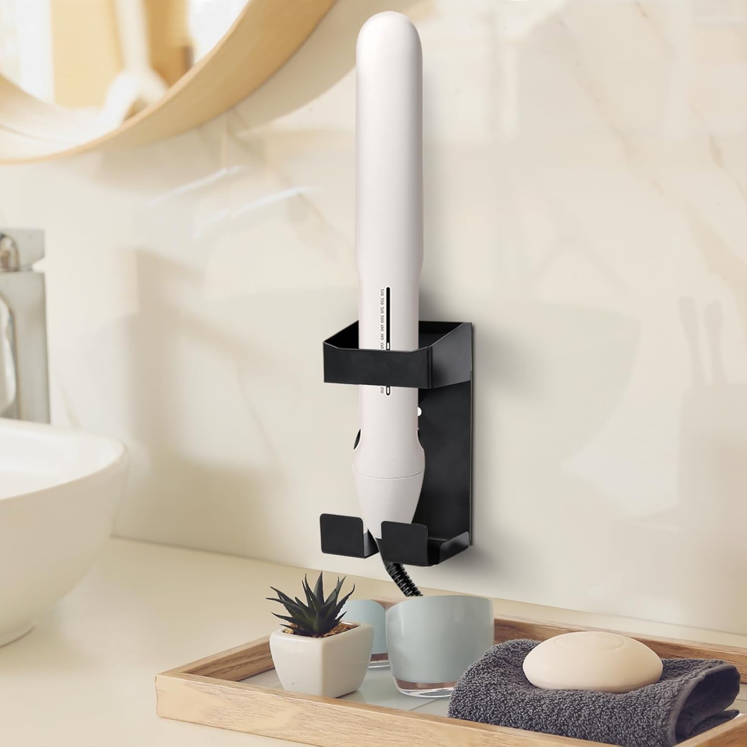 Wall-Mounted Organizer for Curling Iron, Hair Dryer, and Flat Iron Storage - Black - Image 6