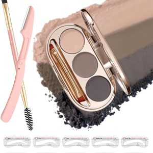 Waterproof Eyebrow Powder Kit - 3 Colors Long-Lasting Brow Powder Palette with Brush Razor & Stencil, Natural Tinting Powder for Women Sparse Brows | #01 Skin, Light Brown, Dark Brown