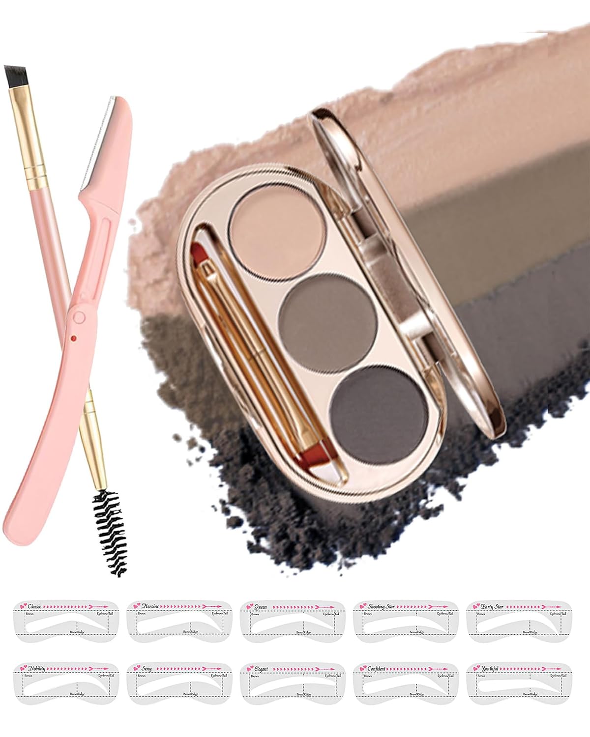 Waterproof Eyebrow Powder Kit - 3 Colors Long-Lasting Brow Powder Palette with Brush Razor & Stencil, Natural Tinting Powder for Women Sparse Brows | #01 Skin, Light Brown, Dark Brown