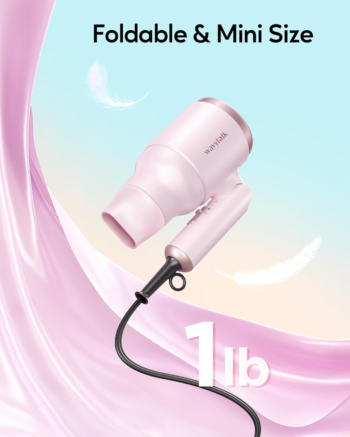 Wavytalk Blow Dryer with Diffuser, Mini Hair Dryer with Folding Handle, 1600W Quiet Lightweight Hairdryer with Diffuser Compact Design, Pinky White - Image 2