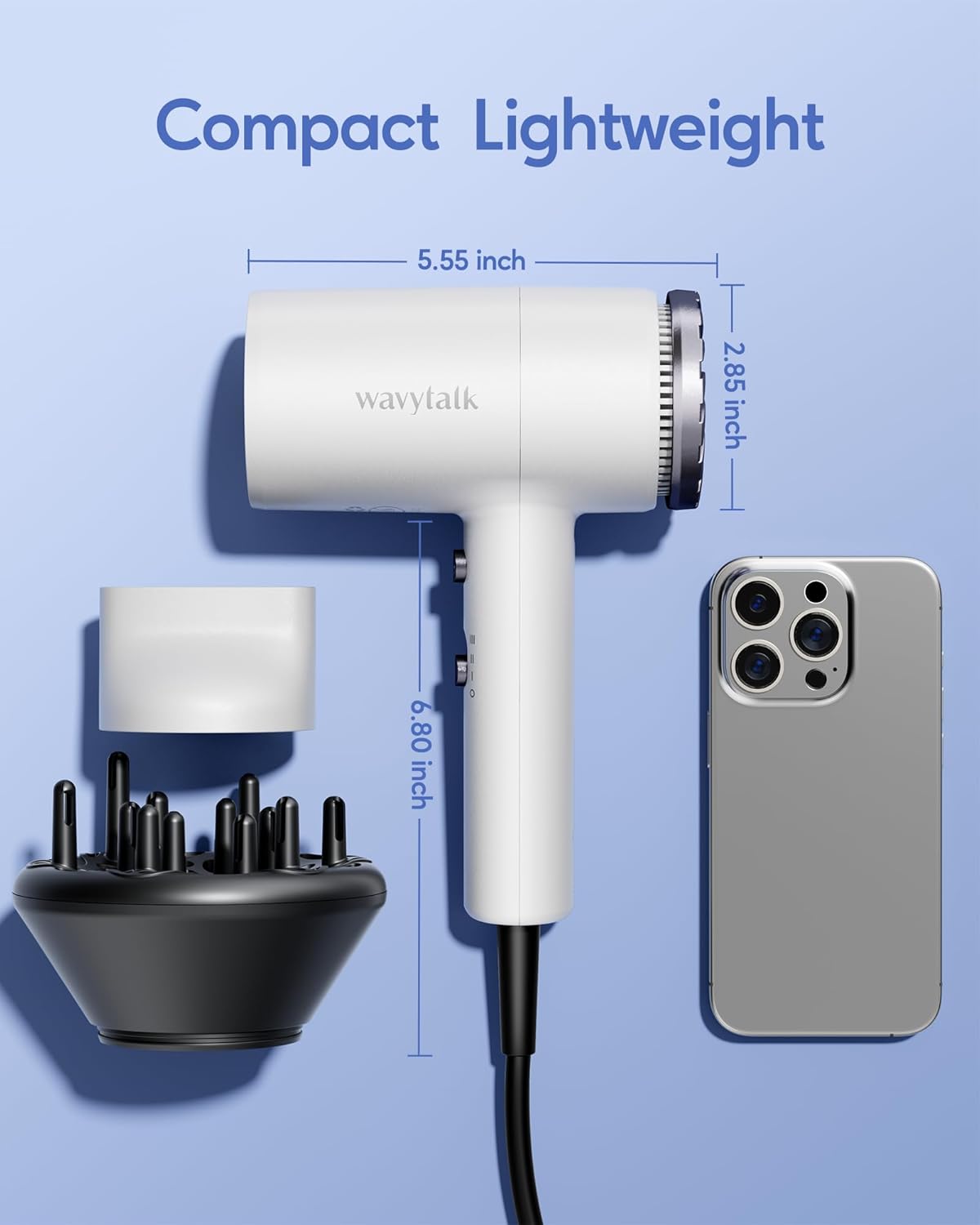 Wavytalk Hair Dryer with Diffuser 1875W Ionic Blow Dryer for Fast Drying with Concentrator Lightweight White. - Image 7