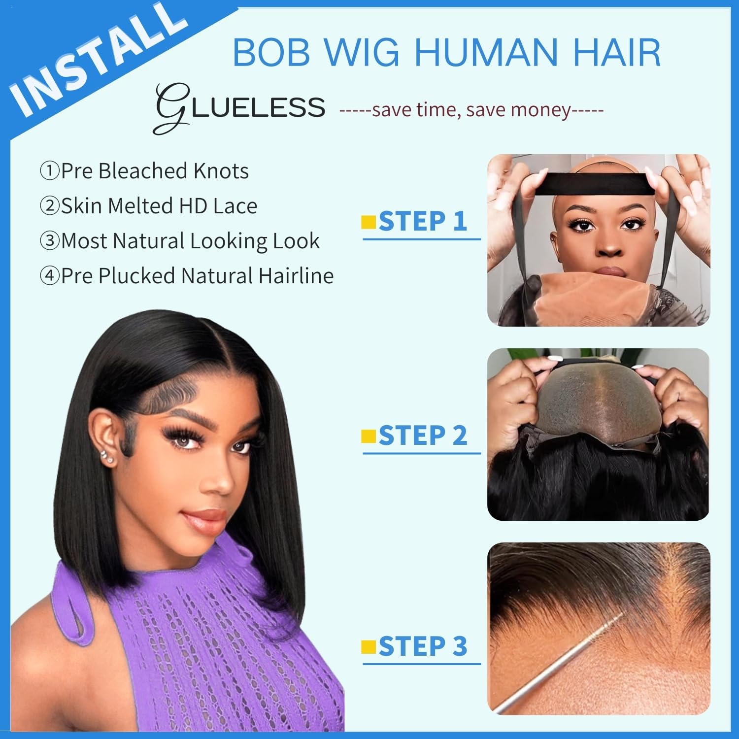 Wear and Go Glueless Bob Wig Human Hair Pre Plucked Pre Cut 4x4 Lace Closure Bob Wigs For Black Women Human Hair Glueless Straight Bob Lace Front Wigs For Beginner Short Bob Wig Human Hair (10 Inch) - Image 5