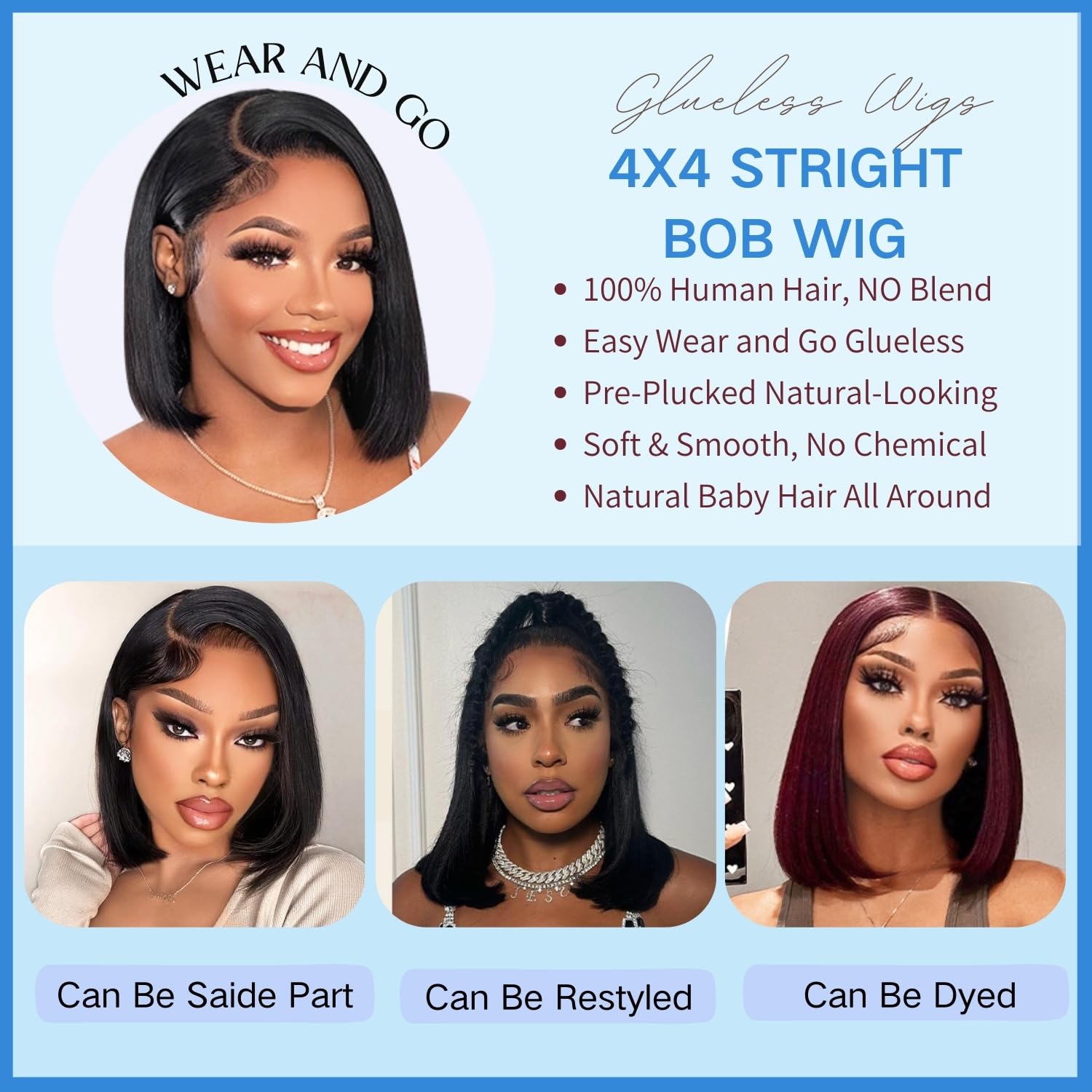 Wear and Go Glueless Bob Wig Human Hair Pre Plucked Pre Cut 4x4 Lace Closure Bob Wigs For Black Women Human Hair Glueless Straight Bob Lace Front Wigs For Beginner Short Bob Wig Human Hair (10 Inch) - Image 4