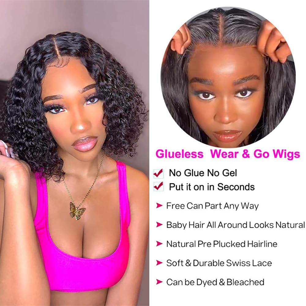 Wear and Go Glueless Wigs Human Hair Pre Plucked Deep Wave Bob Wig Human Hair Lace Front Wigs for Beginners Upgraded No Glue Pre Cut 4x4 Lace Closure Glueless Wigs for Black Women Human Hair 12 Inch - Image 5