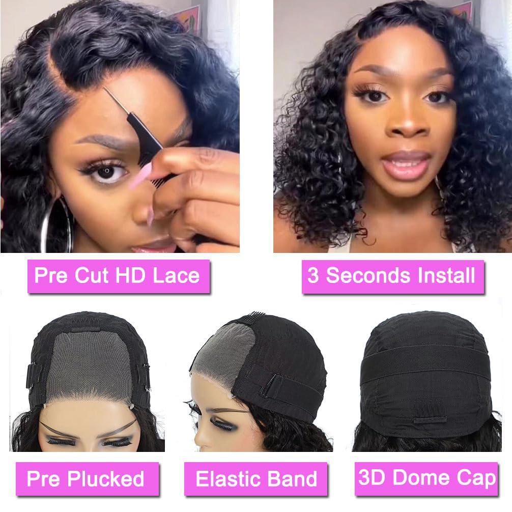 Wear and Go Glueless Wigs Human Hair Pre Plucked Pre Cut Lace Front Wigs for Black Women 180 Density Water Wave Bob Wig Human Hair Curly Wig (14 Inch) - Image 3