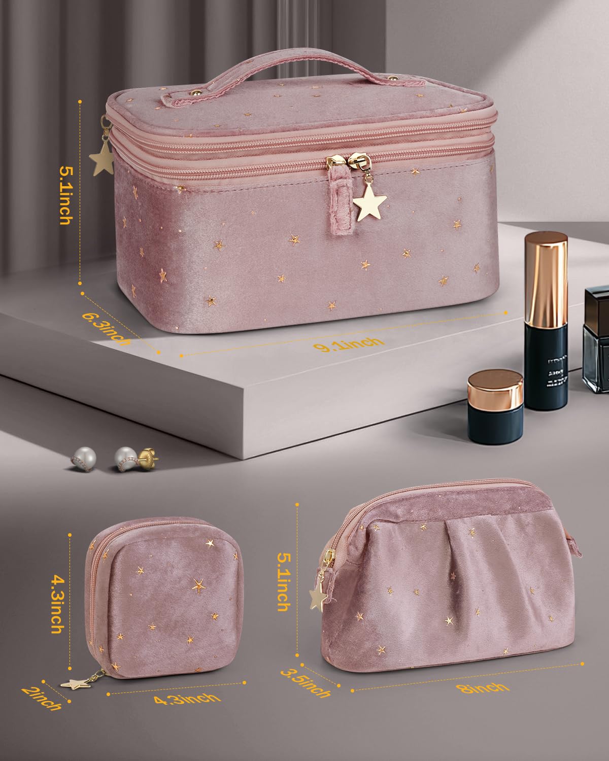 Wedama Makeup Bag Gift for Women, Double-layer Cosmetic Bag with Jewelry Storage and Brush Holder 3 Pcs Velvet Makeup Organizer Bag Gift Set Travel Toiletry Bag for Women Girls, Pink - Image 4