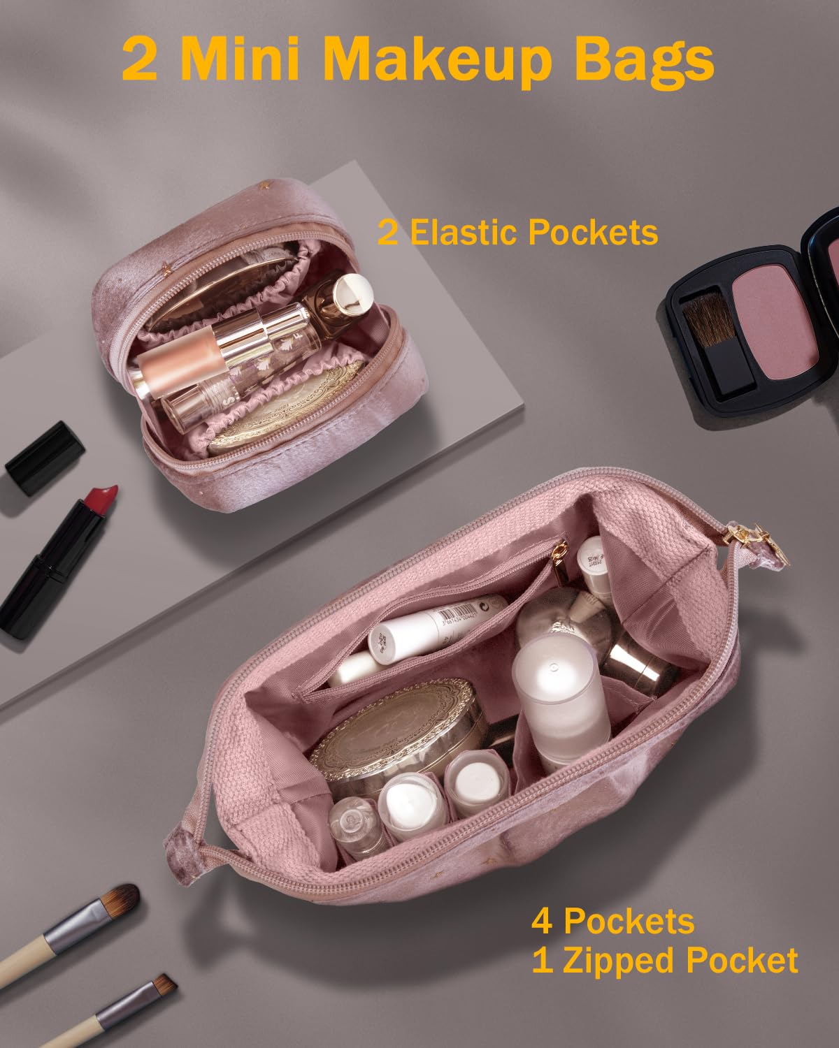 Wedama Makeup Bag Gift for Women, Double-layer Cosmetic Bag with Jewelry Storage and Brush Holder 3 Pcs Velvet Makeup Organizer Bag Gift Set Travel Toiletry Bag for Women Girls, Pink - Image 3