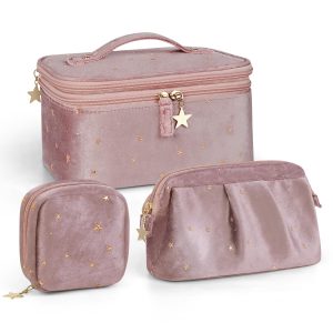 Wedama Makeup Bag Gift for Women, Double-layer Cosmetic Bag with Jewelry Storage and Brush Holder 3 Pcs Velvet Makeup Organizer Bag Gift Set Travel Toiletry Bag for Women Girls, Pink