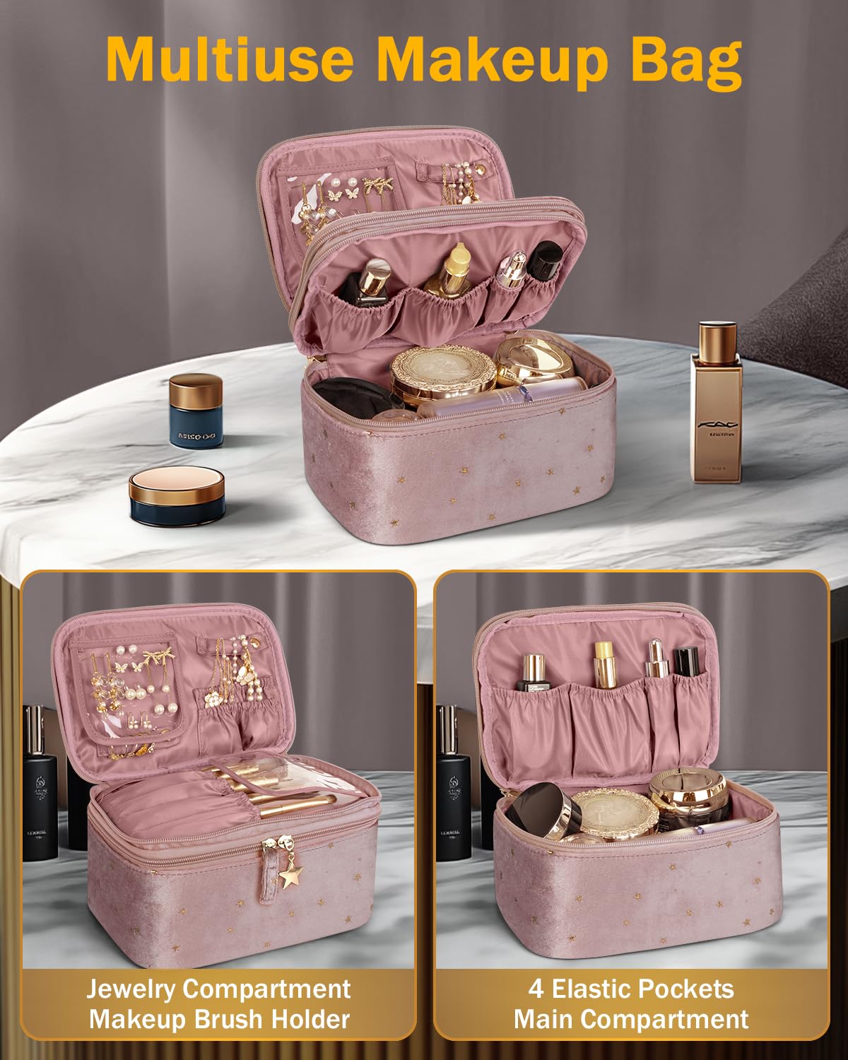 Wedama Makeup Bag Gift for Women, Double-layer Cosmetic Bag with Jewelry Storage and Brush Holder 3 Pcs Velvet Makeup Organizer Bag Gift Set Travel Toiletry Bag for Women Girls, Pink - Image 2