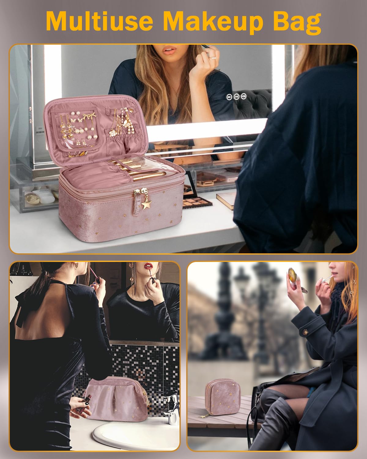 Wedama Makeup Bag Gift for Women, Double-layer Cosmetic Bag with Jewelry Storage and Brush Holder 3 Pcs Velvet Makeup Organizer Bag Gift Set Travel Toiletry Bag for Women Girls, Pink - Image 6