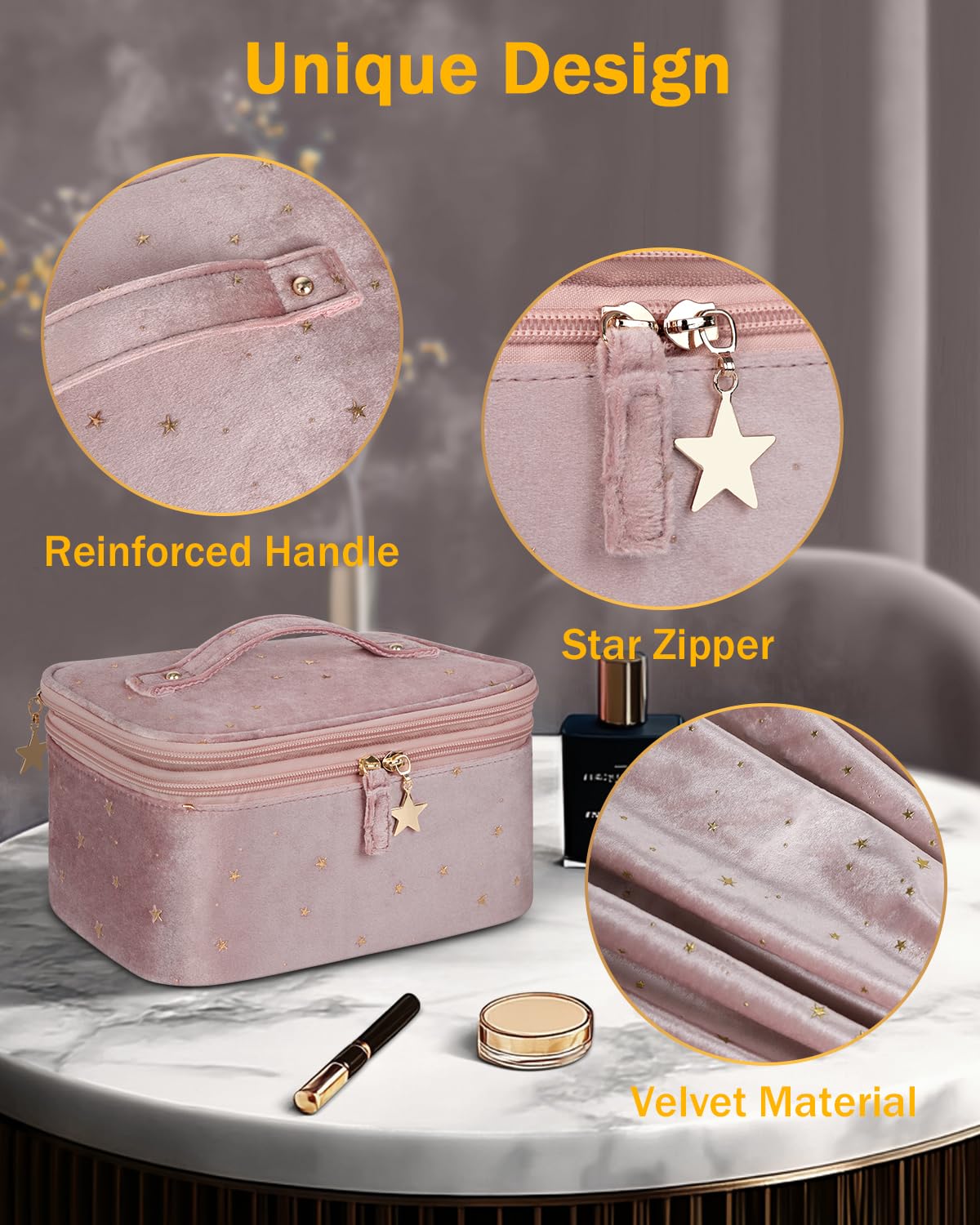 Wedama Makeup Bag Gift for Women, Double-layer Cosmetic Bag with Jewelry Storage and Brush Holder 3 Pcs Velvet Makeup Organizer Bag Gift Set Travel Toiletry Bag for Women Girls, Pink - Image 5