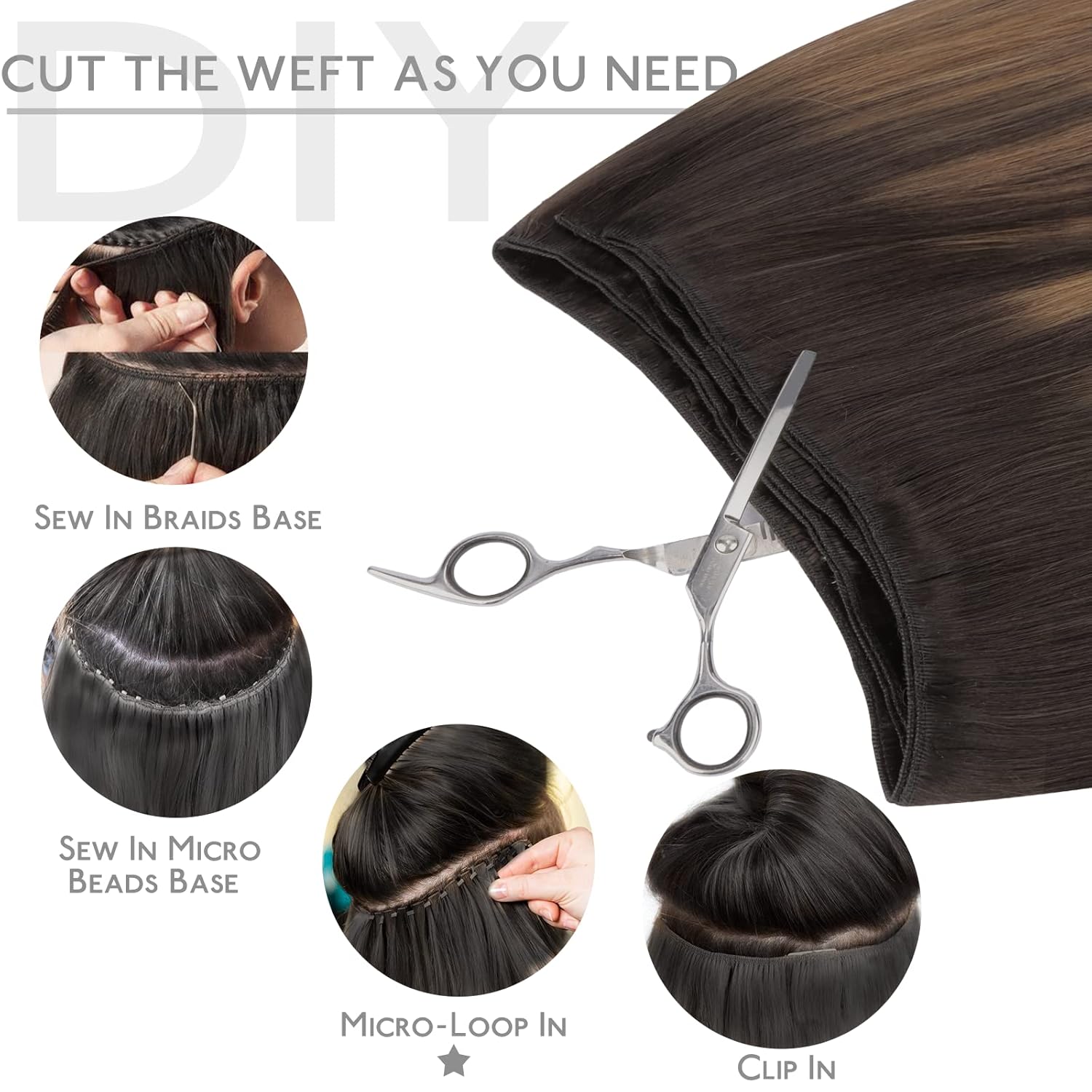 WENNALIFE 18 Inch 90g Dark Brown to Chestnut Brown Balayage Hand Tied Human Hair Sew In Extensions - Image 4
