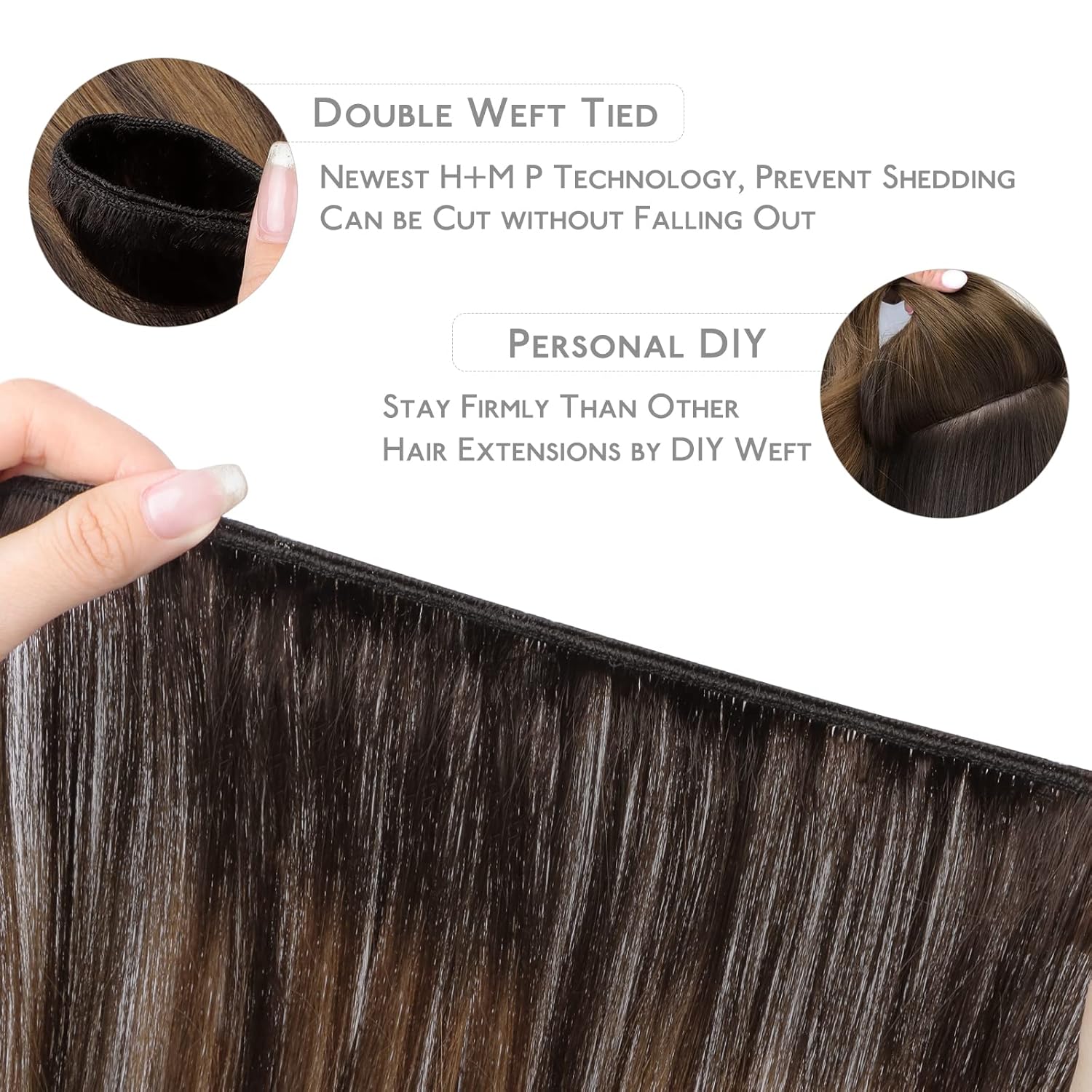WENNALIFE 18 Inch 90g Dark Brown to Chestnut Brown Balayage Hand Tied Human Hair Sew In Extensions - Image 3