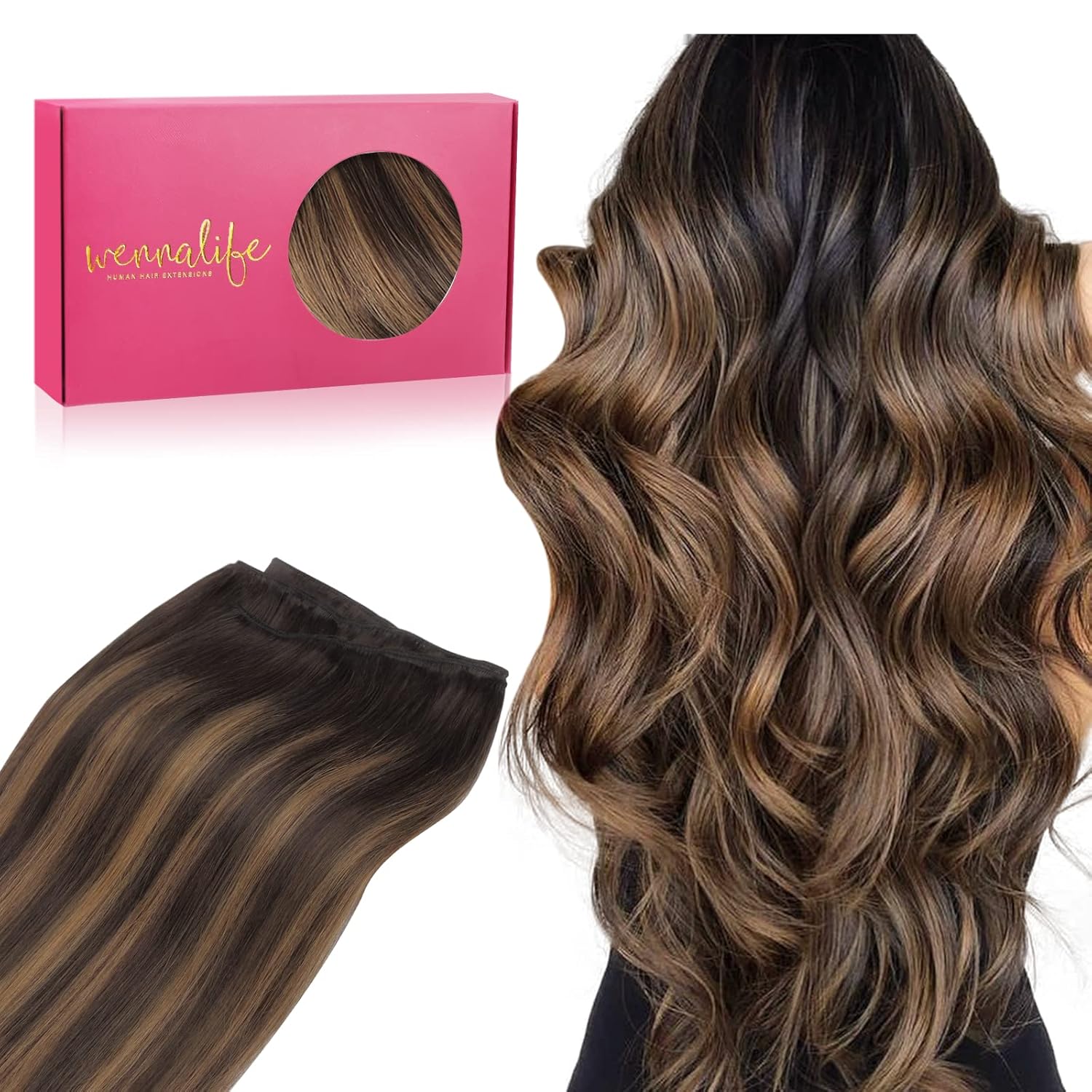 WENNALIFE Sew in Hair Extensions - Real Human Hair Weft 18 Inch 90g Balayage Dark Brown to Chestnut Brown Hand Tied Sew In