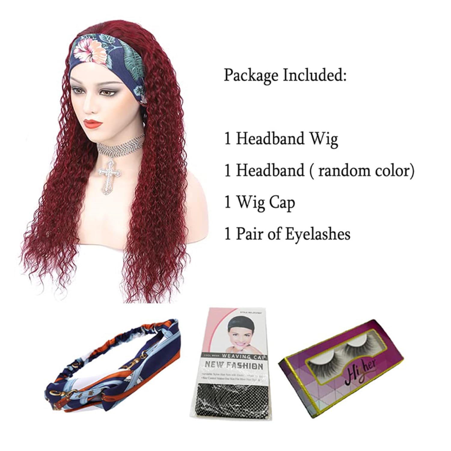 WENYAN 99J Burgundy Headband Wig Human Hair Deep Wave 16 Inch Red Colored Curly Headband Wigs for Black Women Human Hair Glueless None Lace Front Wigs Brazilian Virgin Hair Wig 150% Densitys - Image 6