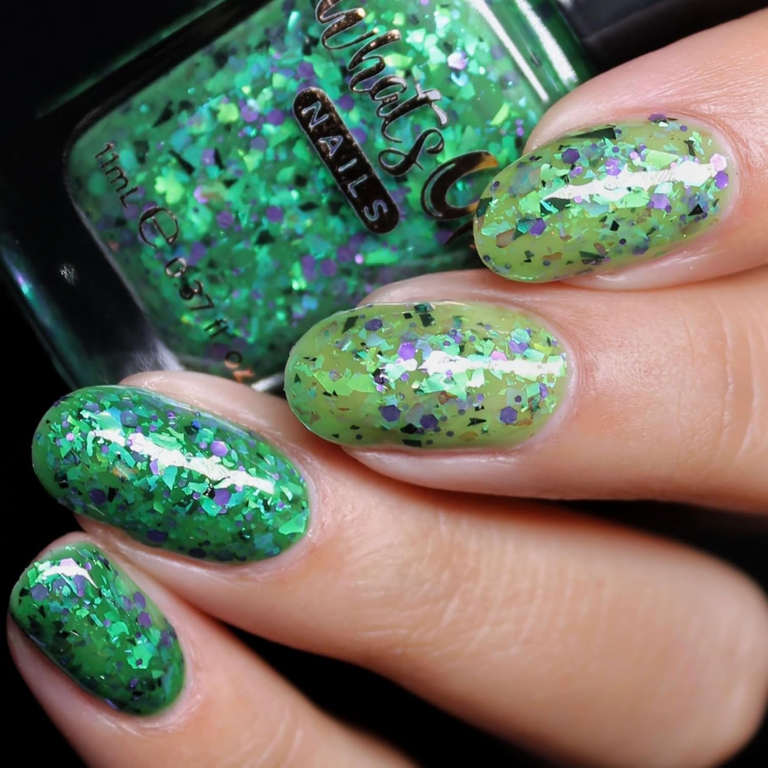 Whats Up Nails - Goopy Goblin Thermal Nail Polish Green with Black Purple Glitter Green Iridescent Flakies Lacquer Varnish Made in USA 21 free Cruelty Free Vegan Clean - Image 4