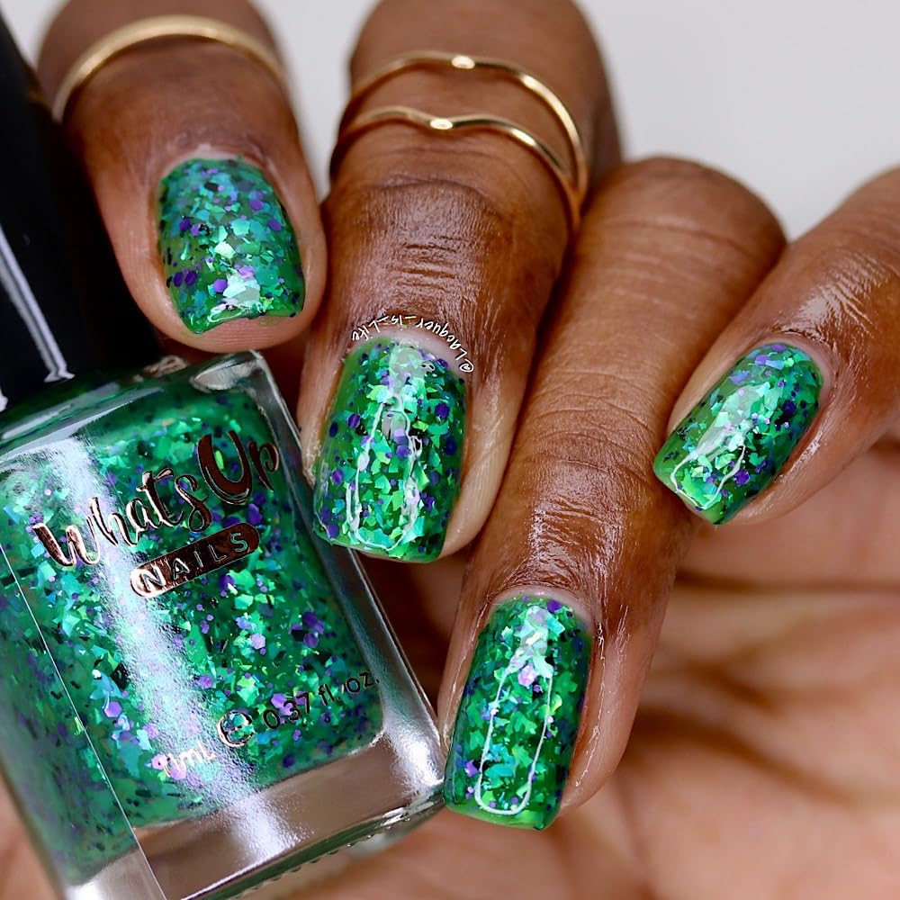 Whats Up Nails - Goopy Goblin Thermal Nail Polish Green with Black Purple Glitter Green Iridescent Flakies Lacquer Varnish Made in USA 21 free Cruelty Free Vegan Clean - Image 6