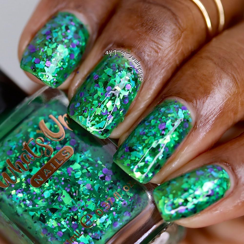 Whats Up Nails - Goopy Goblin Thermal Nail Polish Green with Black Purple Glitter Green Iridescent Flakies Lacquer Varnish Made in USA 21 free Cruelty Free Vegan Clean - Image 3