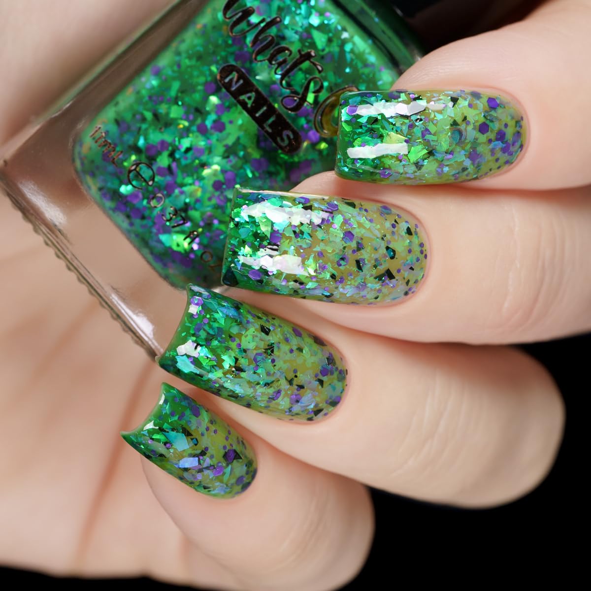 Whats Up Nails - Goopy Goblin Thermal Nail Polish Green with Black Purple Glitter Green Iridescent Flakies Lacquer Varnish Made in USA 21 free Cruelty Free Vegan Clean - Image 2
