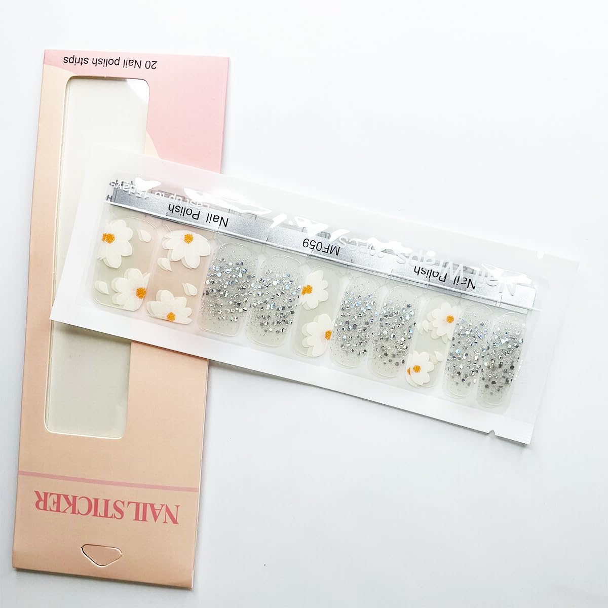 White Flowers Nail Polish Strips Full Wraps Stickers Spring Gel Nail Strips Floral Glitter Design Gel Nails Stickers for Nail Art Decoration Accessories No Uv Light Needed - Image 3