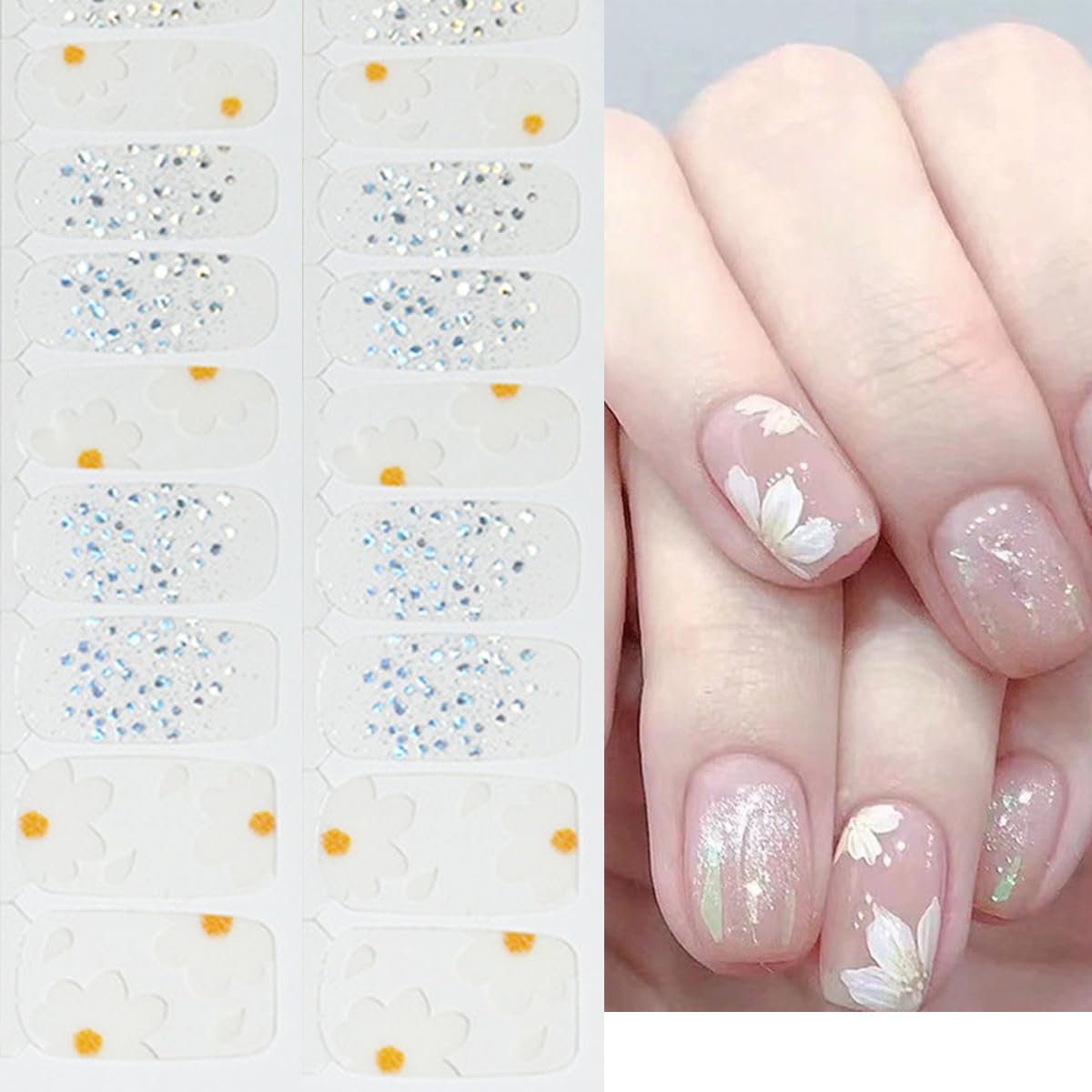 White Flowers Nail Polish Strips Full Wraps Stickers Spring Gel Nail Strips Floral Glitter Design Gel Nails Stickers for Nail Art Decoration Accessories No Uv Light Needed - Image 2