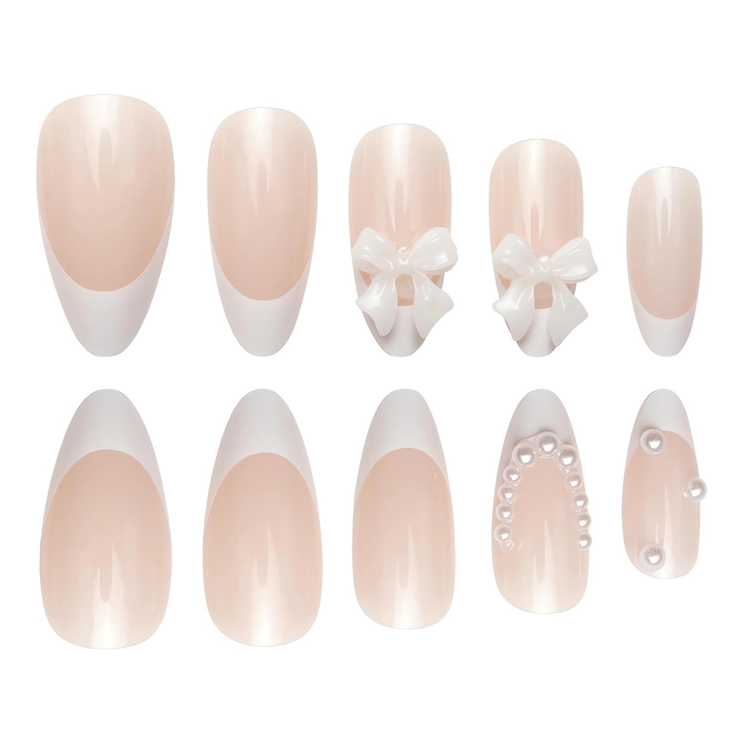 White French Tip Press on Nails Almond Medium Fake Nails with Charms 3D Bow Pearl Acrylic False Nails Cute Artificial Nails Press ons Reusable Glue on Nails for Women and Girls 24Pcs - Image 3