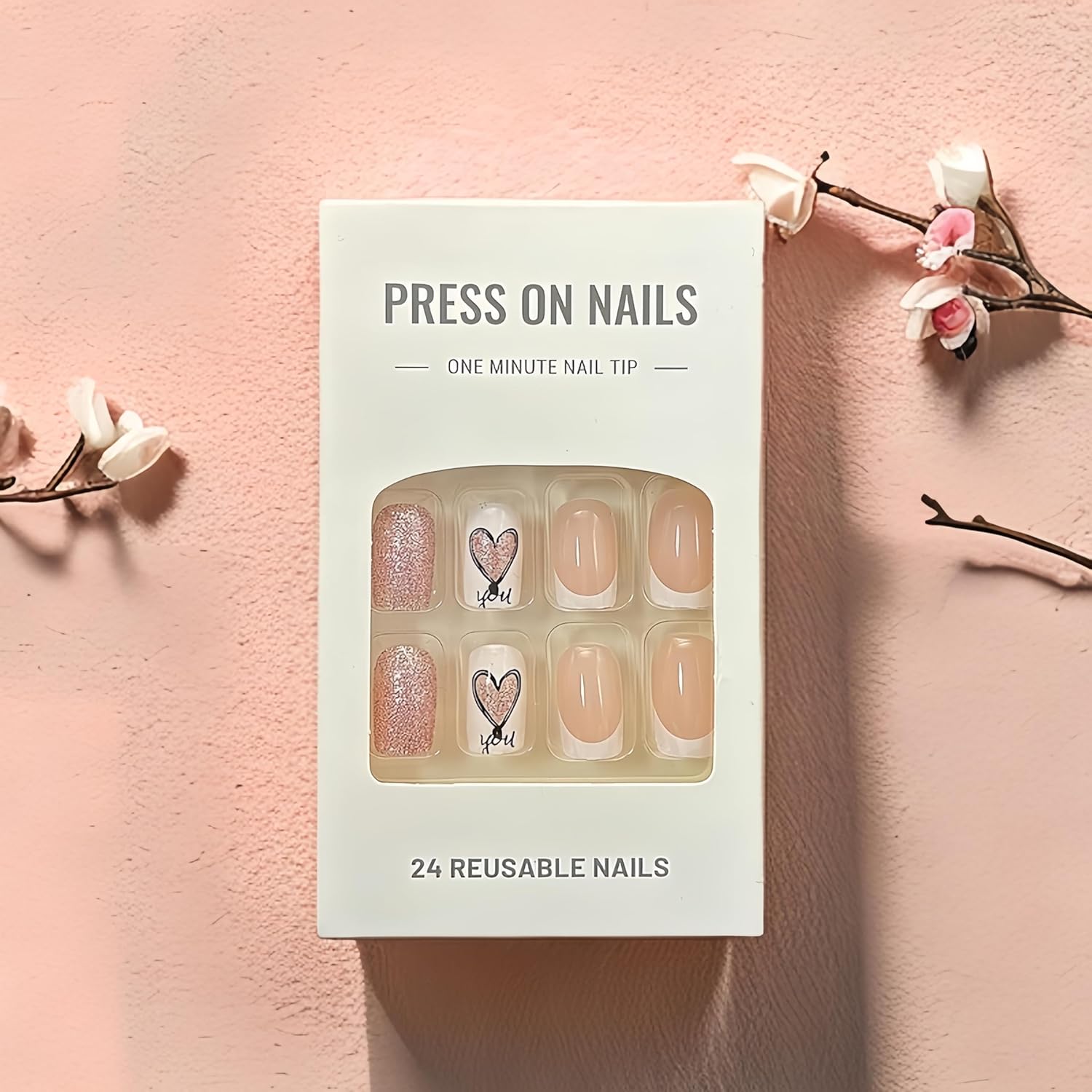 White French Tip Press on Nails Glitter Heart Fake Nails Rose Gold Glitter Love Heart Glue on Nails Glossy Acrylic Full Cover Nude Pink Stick on Nails Sparkly for Women Girls Valentine's Nails 24 Pcs - Image 3