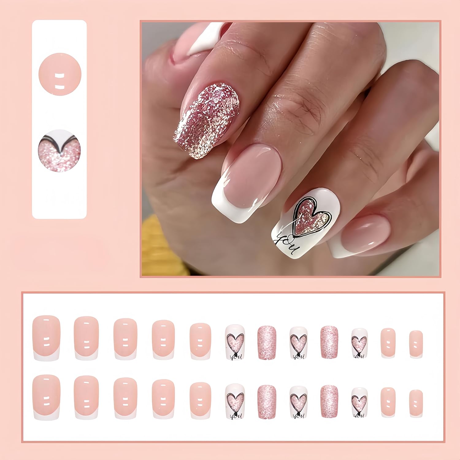 White French Tip Press on Nails Glitter Heart Fake Nails Rose Gold Glitter Love Heart Glue on Nails Glossy Acrylic Full Cover Nude Pink Stick on Nails Sparkly for Women Girls Valentine's Nails 24 Pcs - Image 2