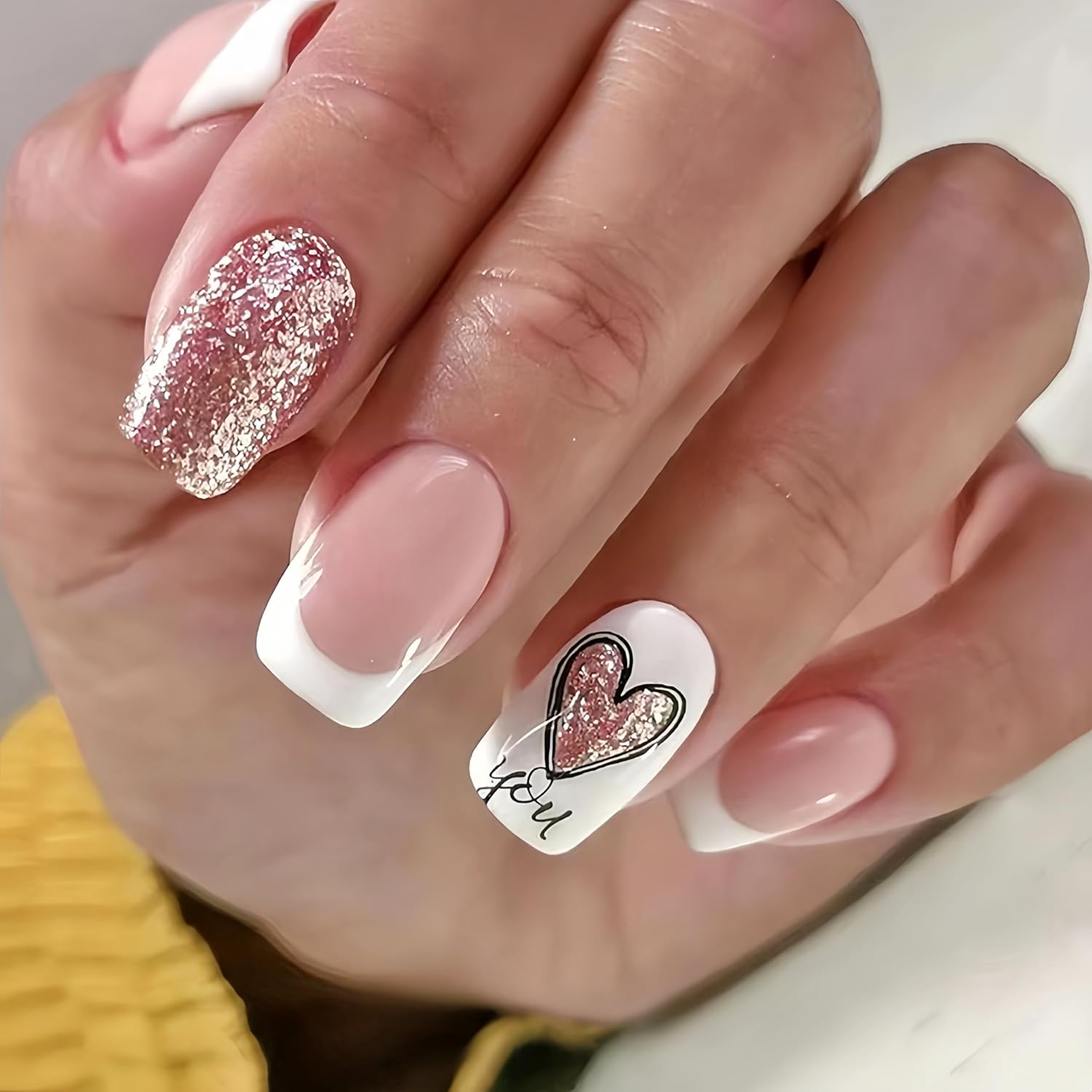 White French Tip Press on Nails Glitter Heart Fake Nails Rose Gold Glitter Love Heart Glue on Nails Glossy Acrylic Full Cover Nude Pink Stick on Nails Sparkly for Women Girls Valentine's Nails 24 Pcs