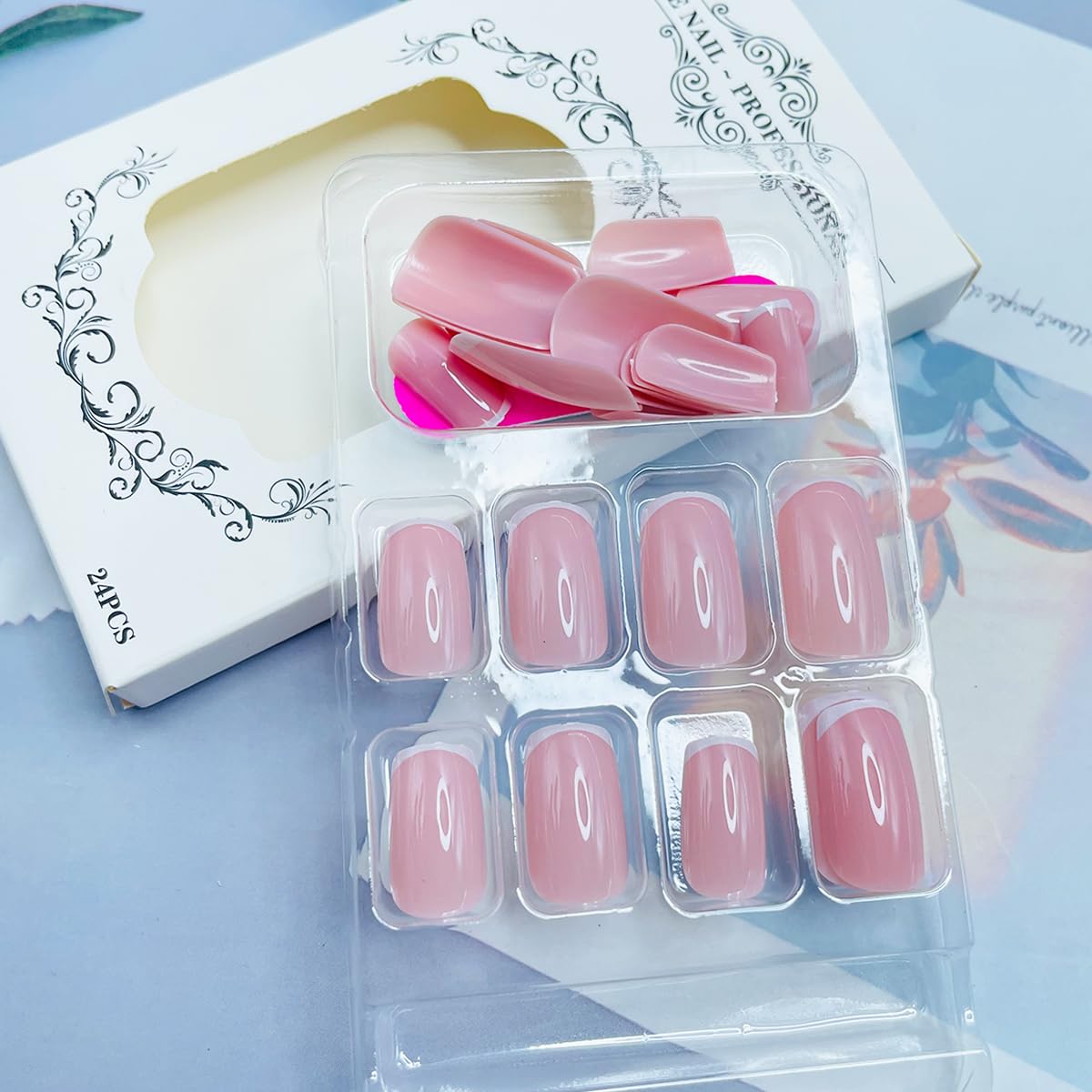 White French Tip Press on Nails Medium Square Fake Nails with Designs Nude Pink False Nails Glossy Full Cover Glue on Nails Cute Acrylic Stick on Nails for Women Manicure - Image 5