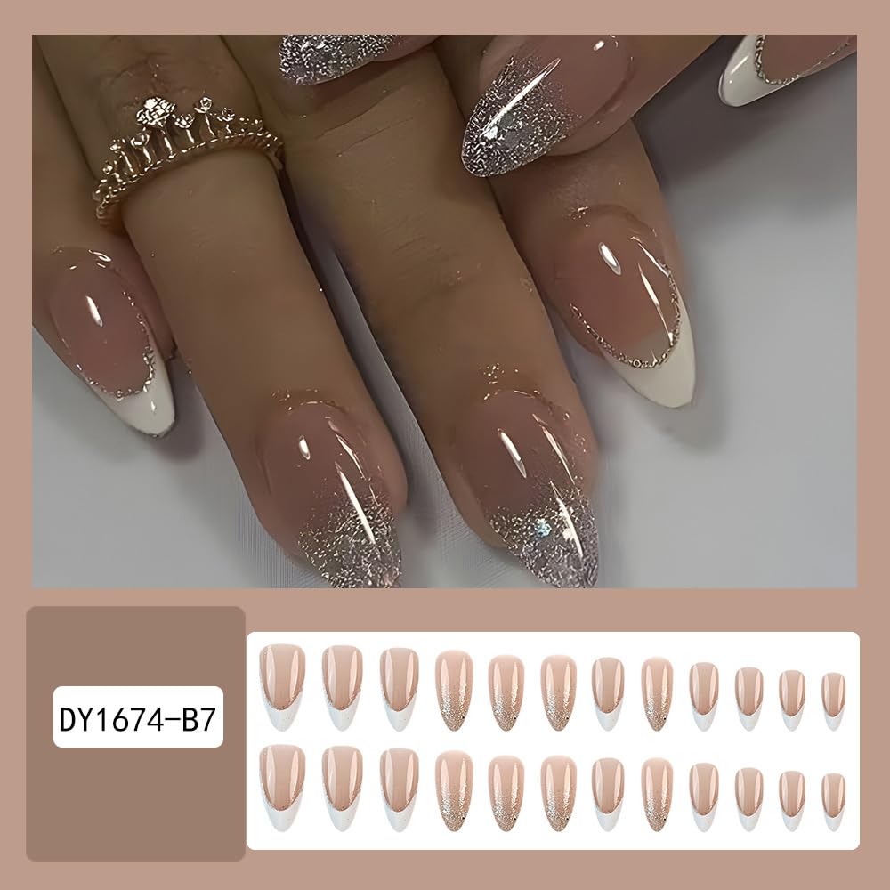 White French Tip Press on Nails with Glitter Designs Medium Almond Shaped Fake Nails Sparkly False Nails Full Cover Glitter Cute Acrylic Nails Glossy Artificial Nails for Women Manicure 24Pcs - Image 2
