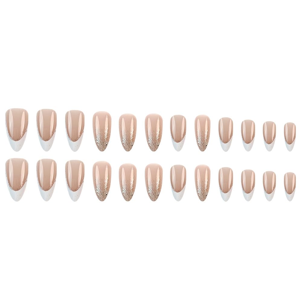 White French Tip Press on Nails with Glitter Designs Medium Almond Shaped Fake Nails Sparkly False Nails Full Cover Glitter Cute Acrylic Nails Glossy Artificial Nails for Women Manicure 24Pcs - Image 5