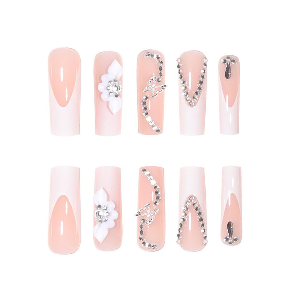White Press on Nails Long Square BAOYAALIN, Rhinestones Fake Nails with 3D Butterfly Design Gel Glue on Nails for Women Girls Full Cover Acrylic Artificial False Stick on Nail for Wedding 24Pcs - Image 3