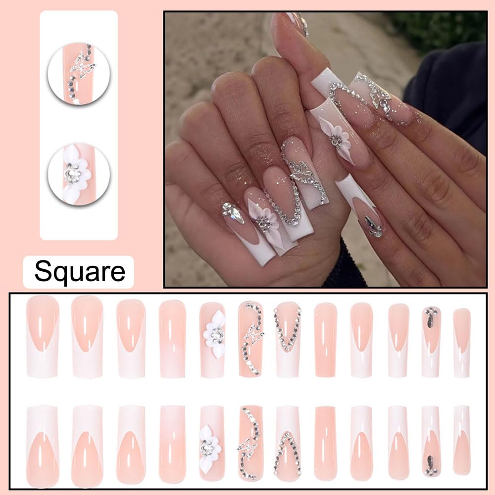 White Press on Nails Long Square BAOYAALIN, Rhinestones Fake Nails with 3D Butterfly Design Gel Glue on Nails for Women Girls Full Cover Acrylic Artificial False Stick on Nail for Wedding 24Pcs - Image 2