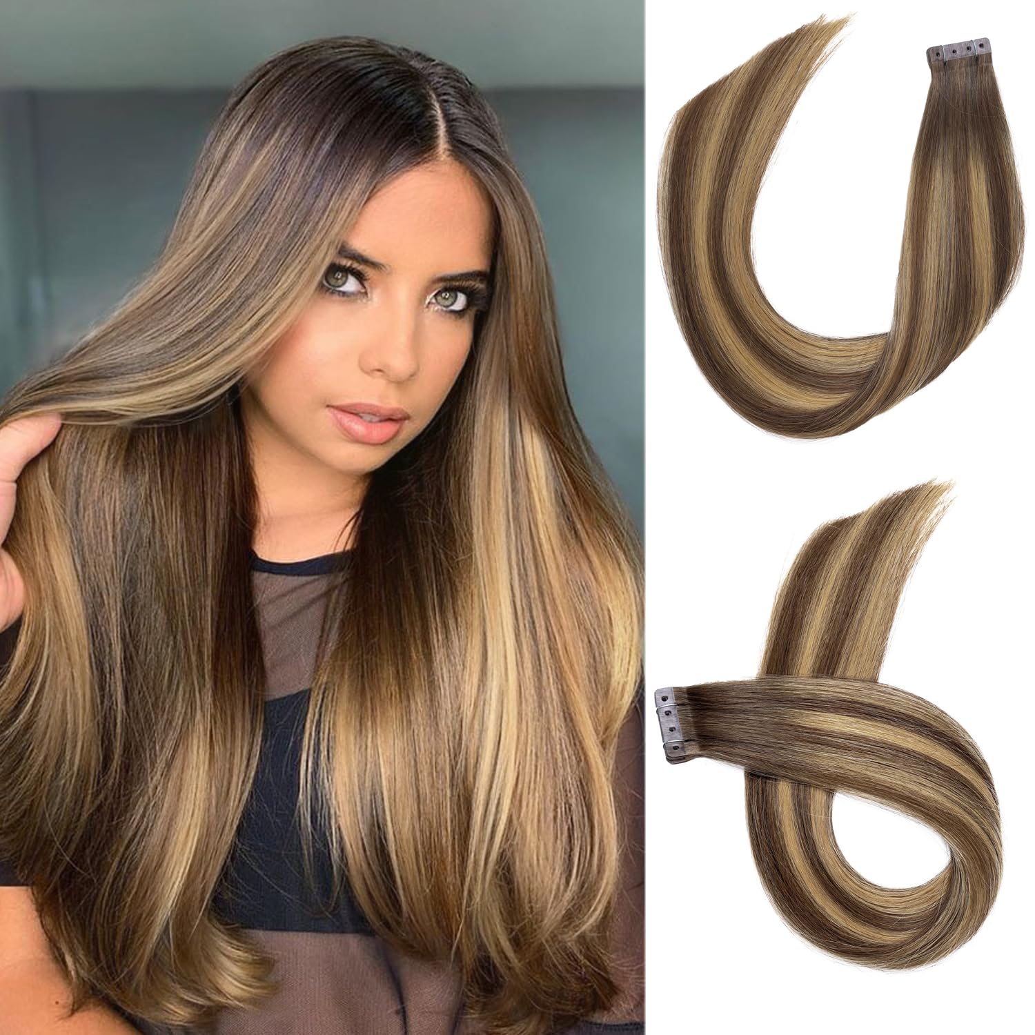 WIGER Micro Bead Hair Extensions Ombre Brown Mixed Blonde Insert Skin Weft Extensions 16 In Balayage Remy Human Hair Straight No Glue Brazilian Highlighted Hair Extensions (40g, 20 Pcs)