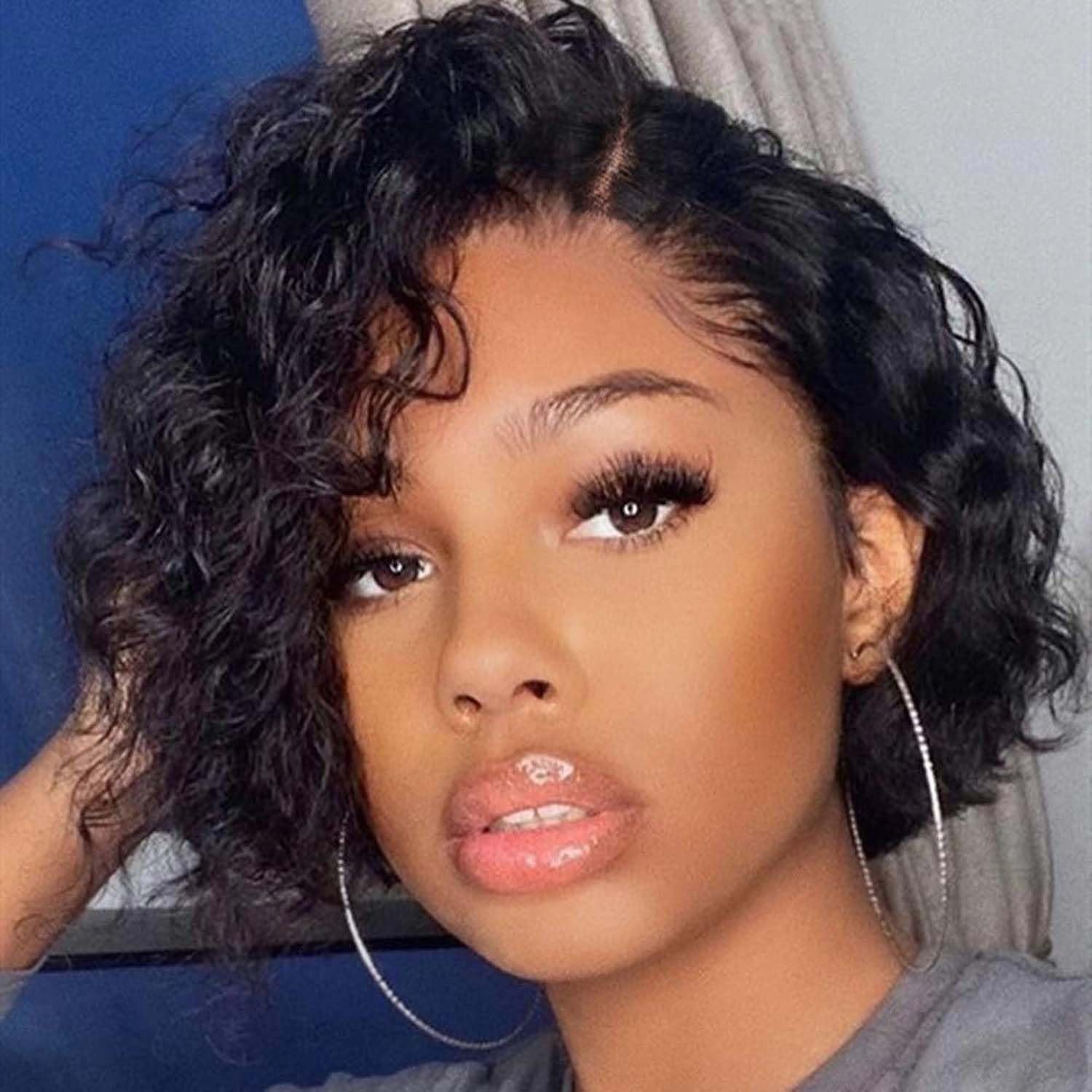 WIGER Short Lace Front Wigs Human Hair for Women Short Curly Bob Wig Black Wavy Lace Wig Black Pixie Cut Wig Brazilian Virgin Human Hair Curly Wigs 180% Density Side Part