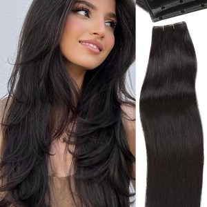 WIGNEE Double Invisible PU OVO Human Hair Extensions 100% Remy Hair Weft Black Hair Extensions Human Hair 2 PCS 18 Inch No Glue Genius Weft Micro Bead Real Human Hair Extensions (1B)