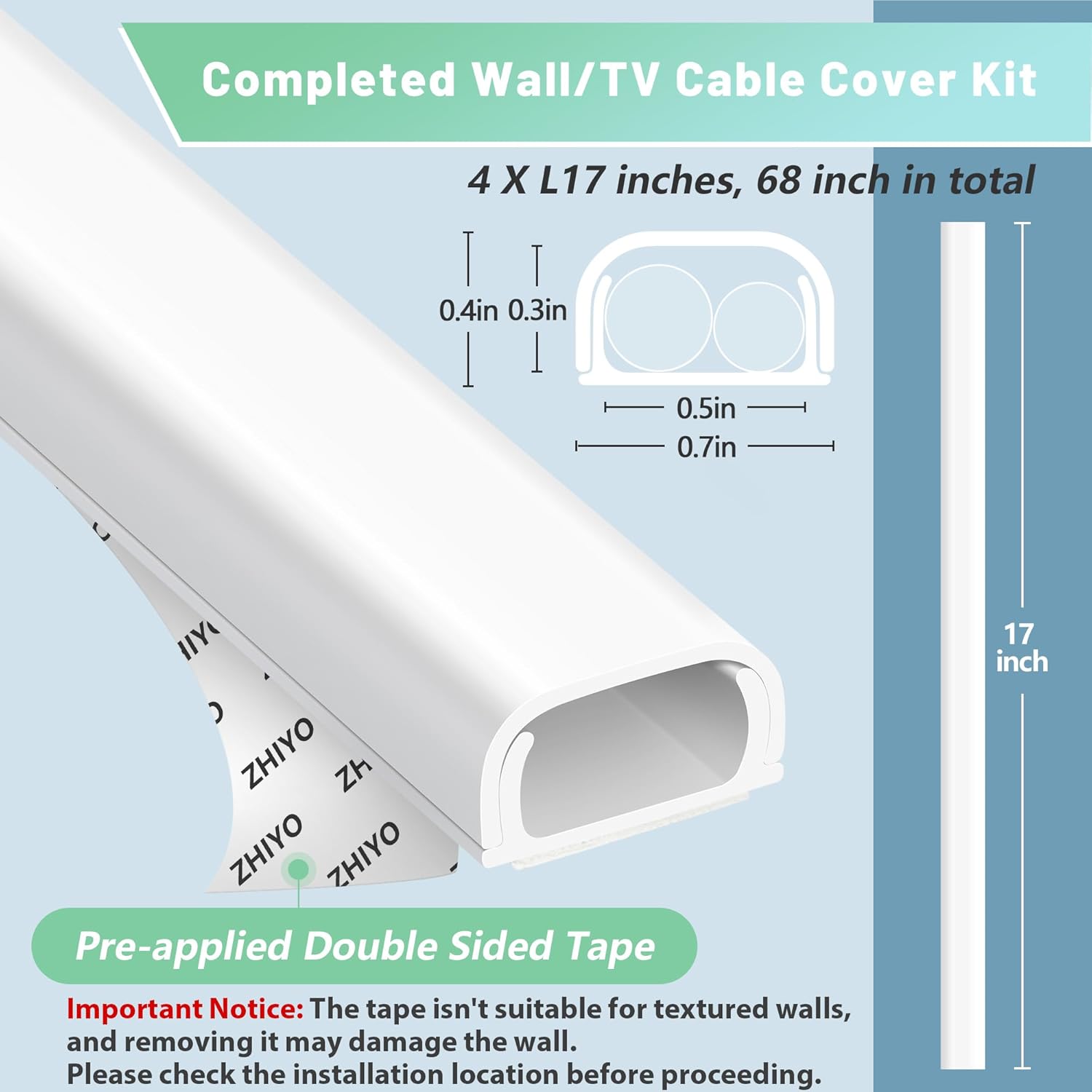 Wire Covers for 2 Cords, 68in (4X L17in) Wire Hider on Wall Mounted, White Cord Cover Kit, Cable Cover Cable Concealer for Extension Cord, Ethernet Cable, Speaker Wire, 0.7in(W) x 0.4in(H) - Image 3